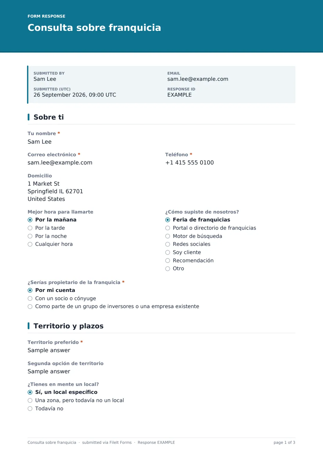 Consulta sobre franquicia — PDF de respuesta de ejemplo, página 1 de 3