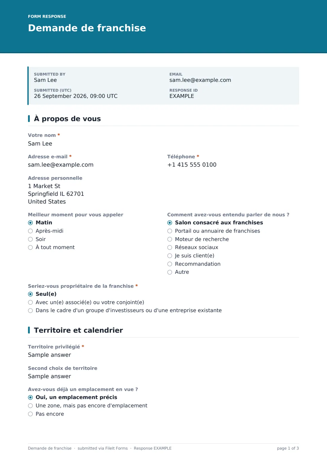 Demande de franchise — exemple de réponse au format PDF, page 1 sur 3