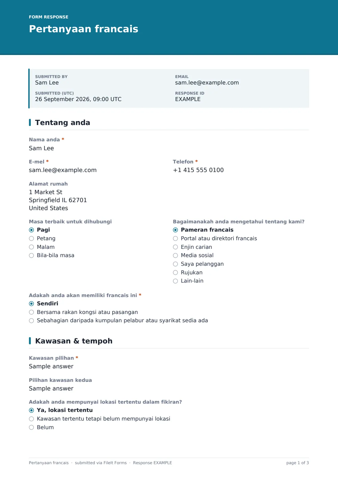 Pertanyaan francais — PDF respons contoh, halaman 1 daripada 3