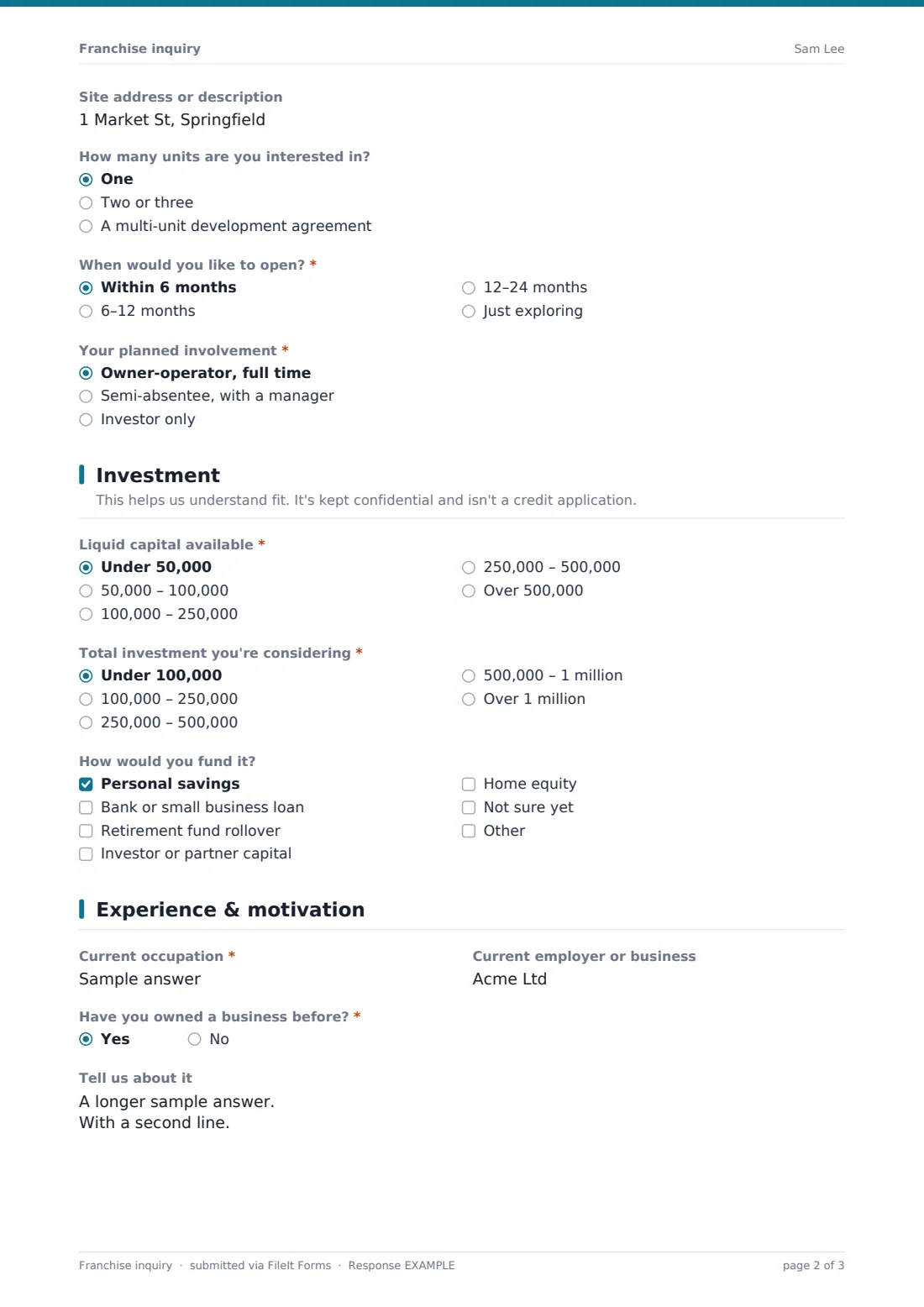 Franchise inquiry — example response PDF, page 2 of 3