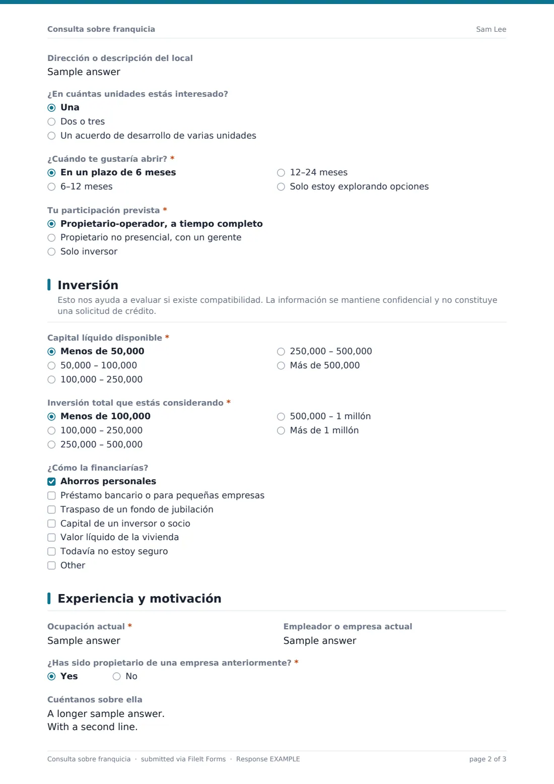 Consulta sobre franquicia — PDF de respuesta de ejemplo, página 2 de 3