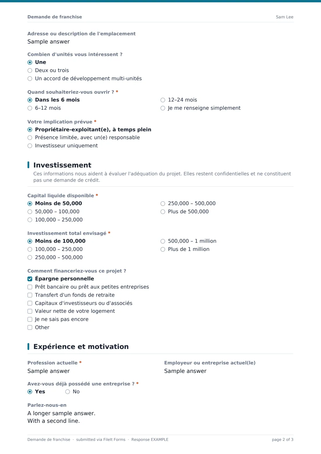 Demande de franchise — exemple de réponse au format PDF, page 2 sur 3