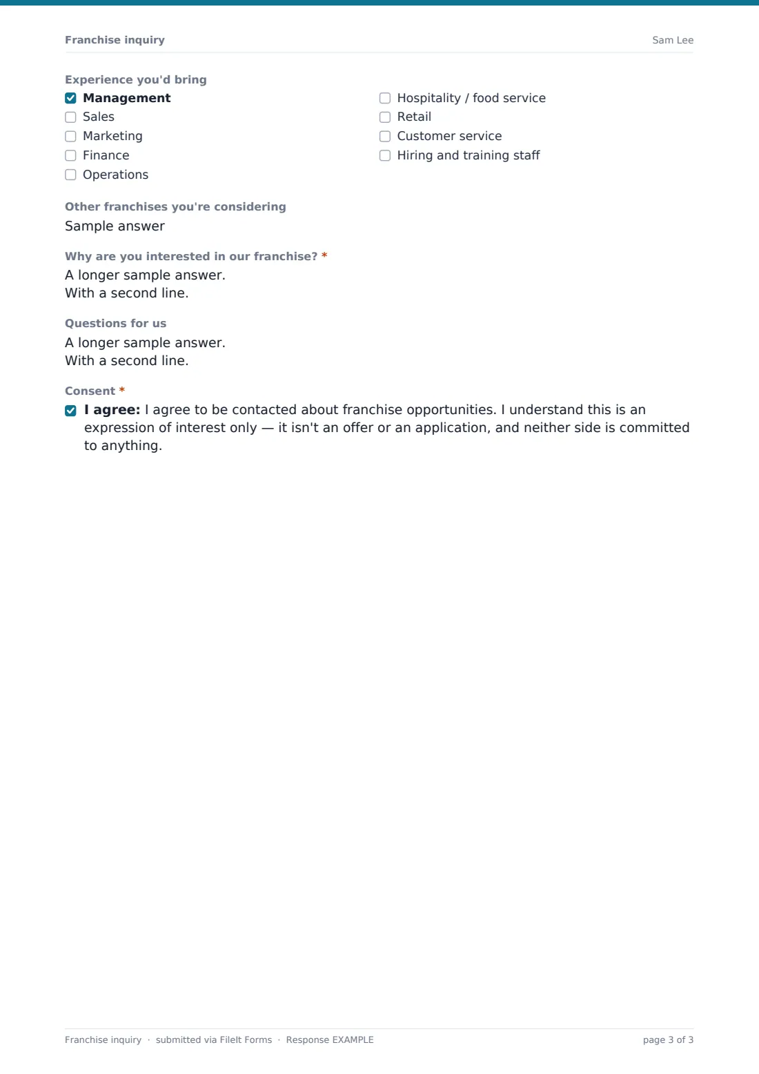 Franchise inquiry — example response PDF, page 3 of 3