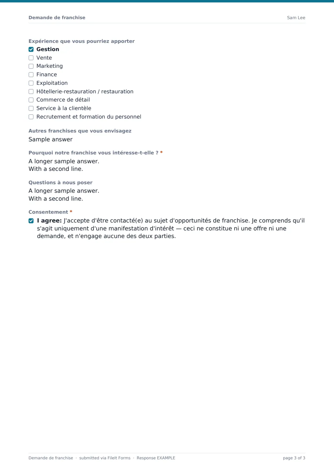 Demande de franchise — exemple de réponse au format PDF, page 3 sur 3