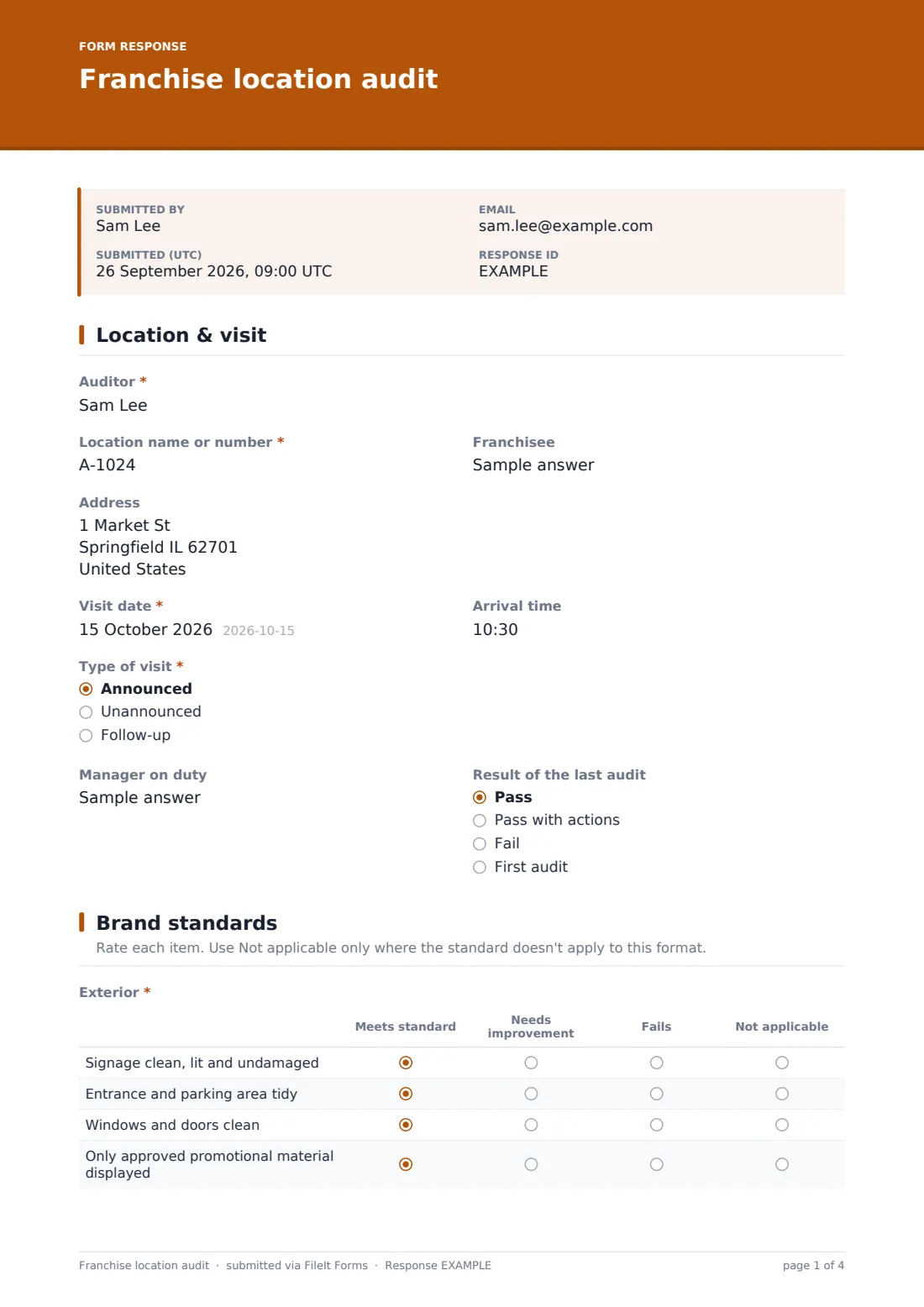 Franchise location audit — example response PDF, page 1 of 4