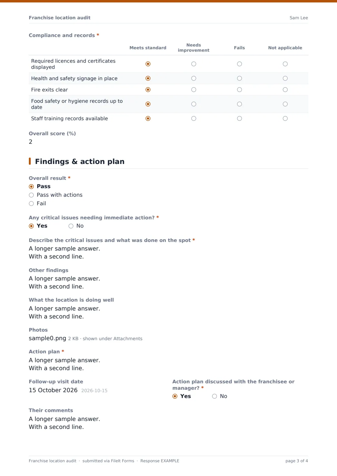 Franchise location audit — example response PDF, page 3 of 4