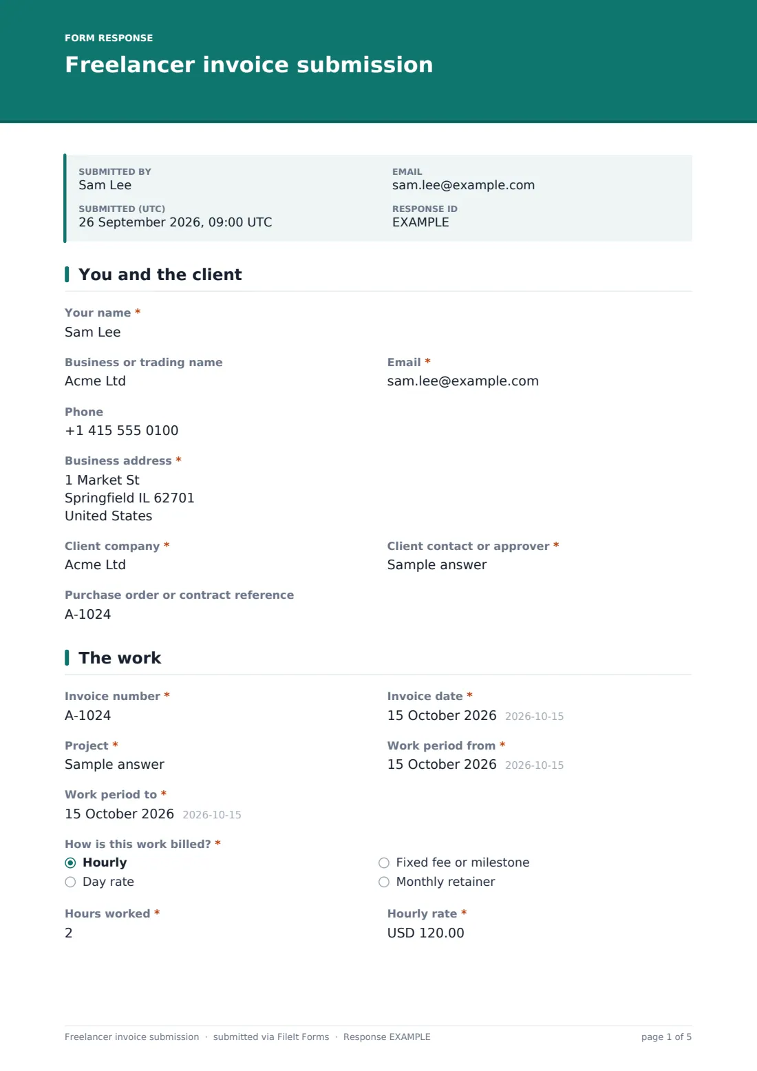 Freelancer invoice submission — example response PDF, page 1 of 5