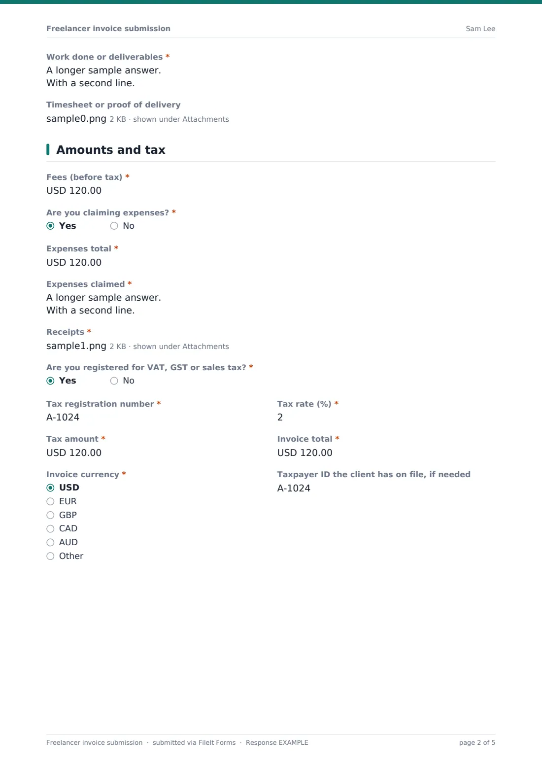 Freelancer invoice submission — example response PDF, page 2 of 5