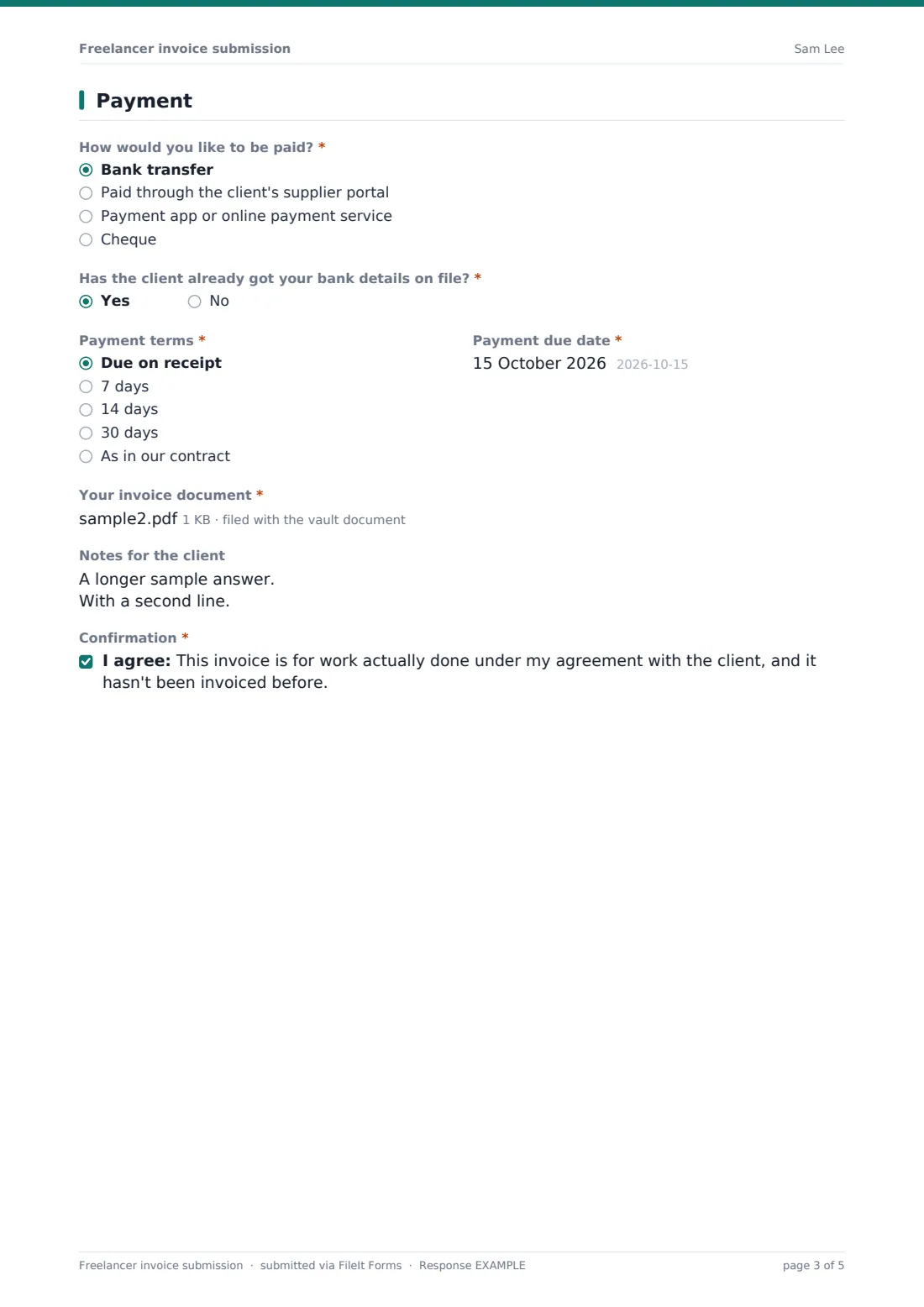 Freelancer invoice submission — example response PDF, page 3 of 5