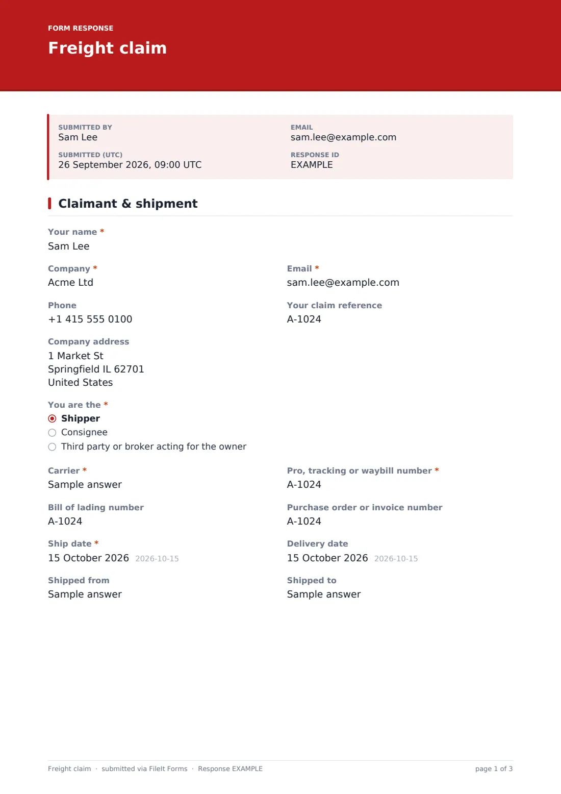 Freight claim — example response PDF, page 1 of 3