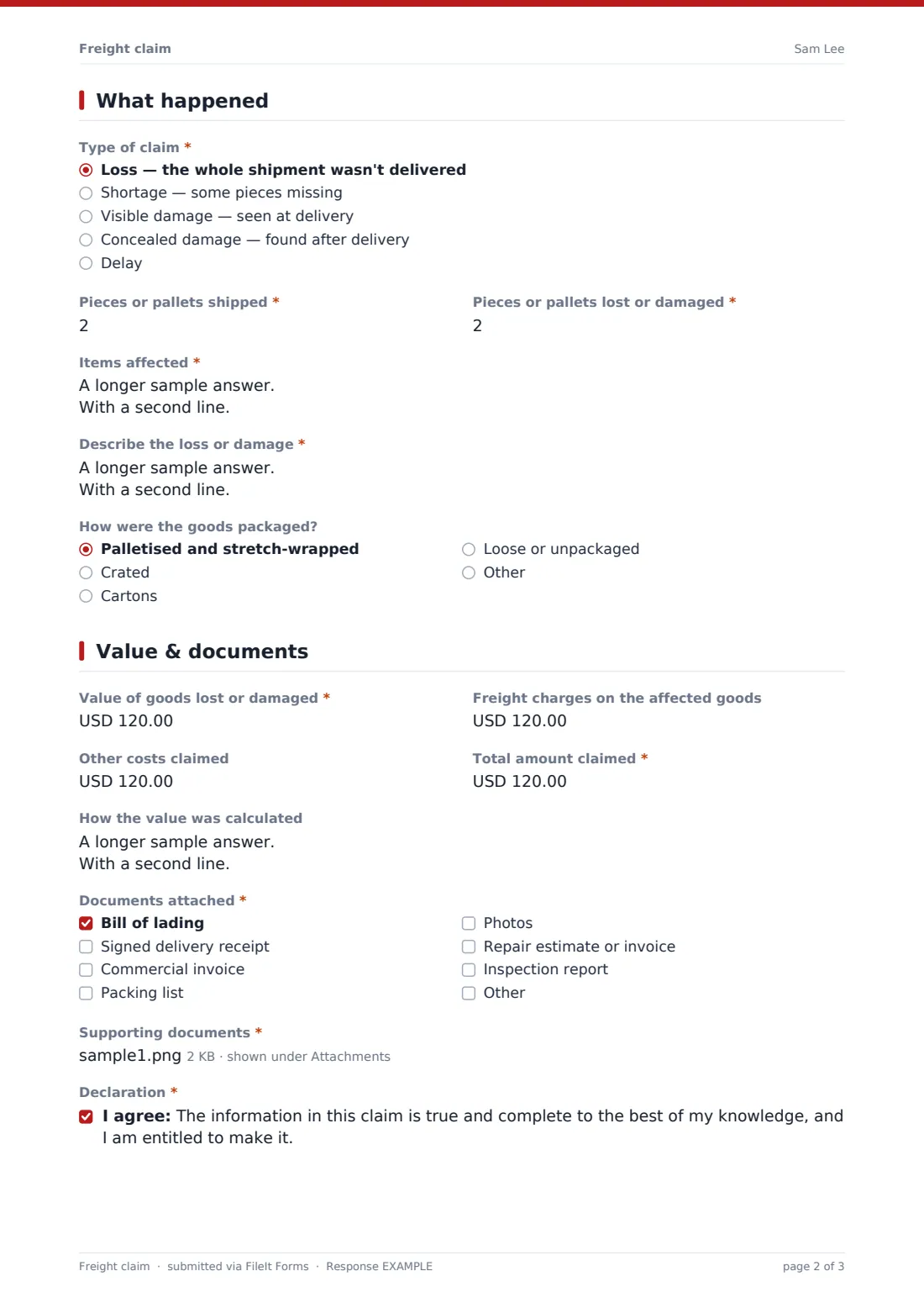 Freight claim — example response PDF, page 2 of 3