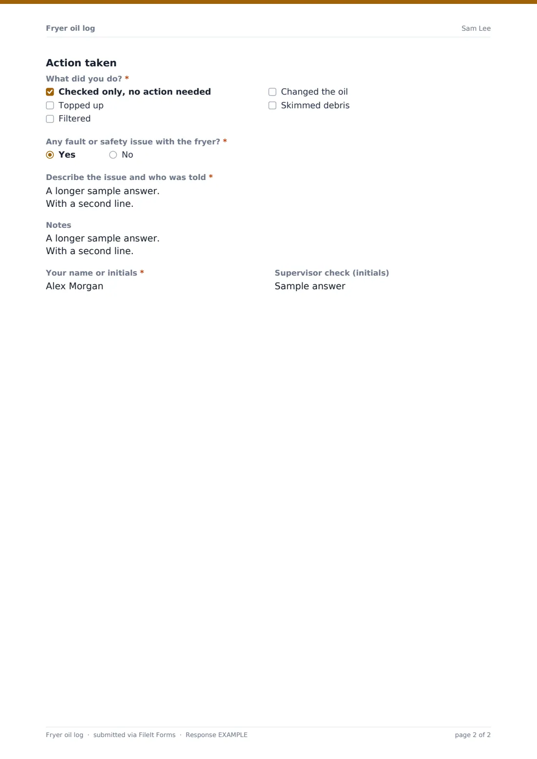 Fryer oil log — example response PDF, page 2 of 2
