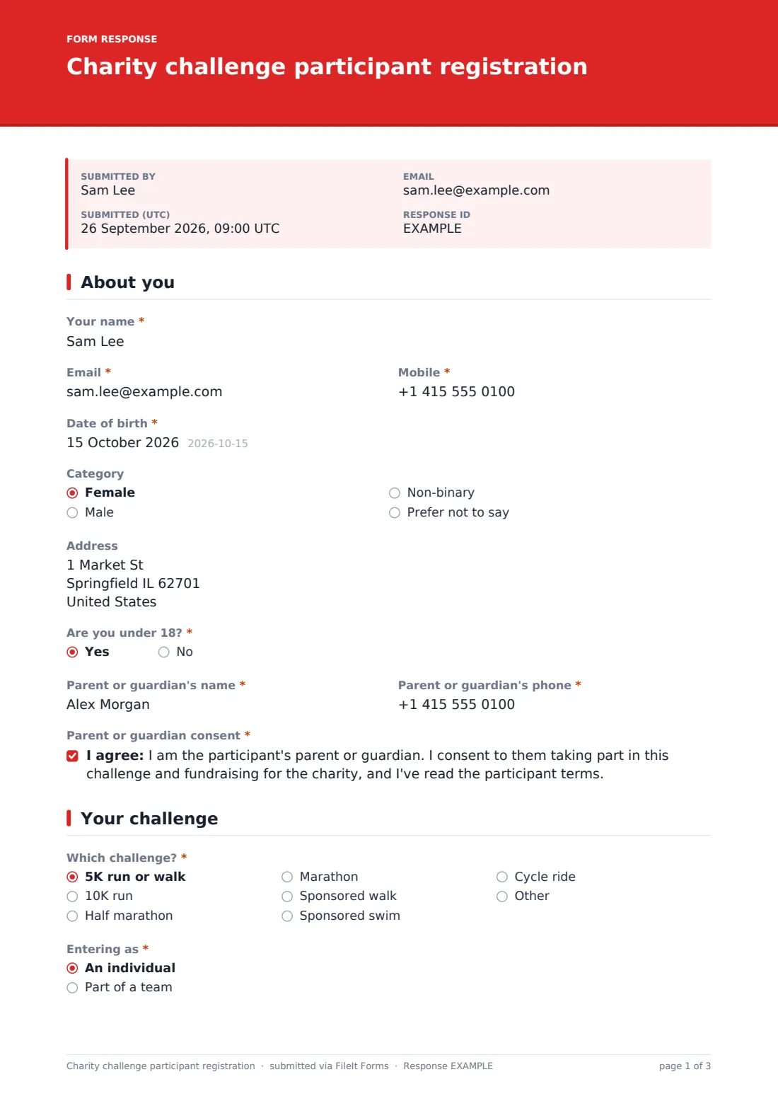 Charity challenge participant registration — example response PDF, page 1 of 3