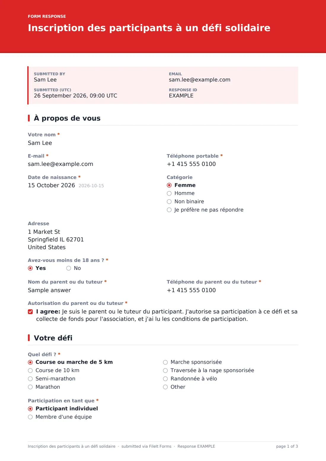 Inscription des participants à un défi solidaire — exemple de réponse au format PDF, page 1 sur 3