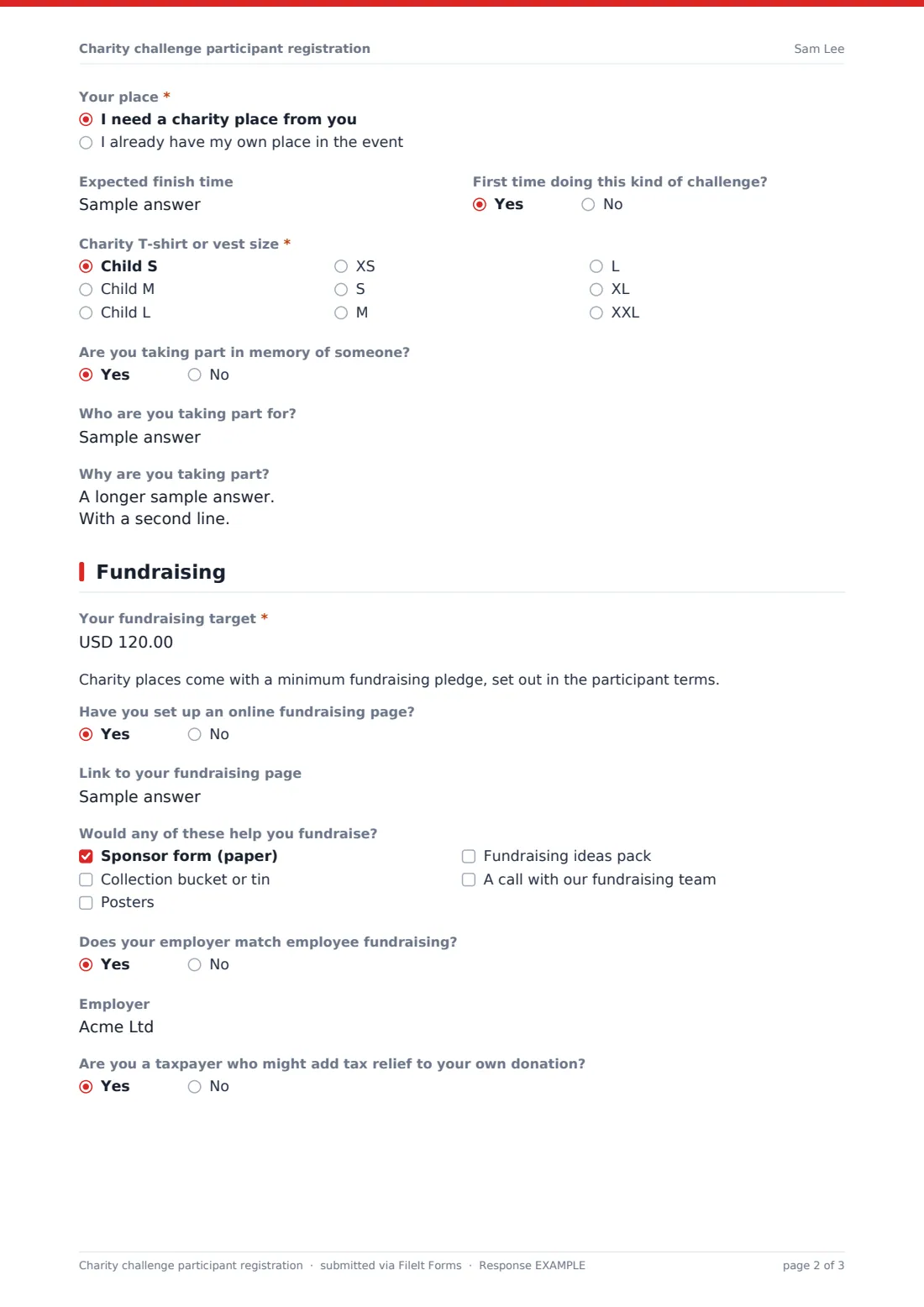 Charity challenge participant registration — example response PDF, page 2 of 3