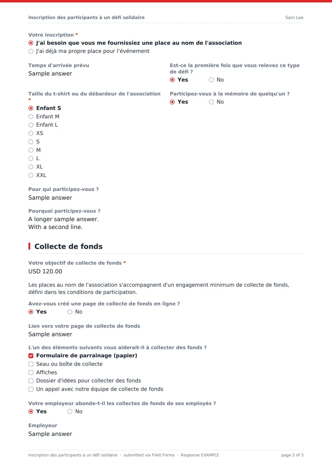 Inscription des participants à un défi solidaire — exemple de réponse au format PDF, page 2 sur 3