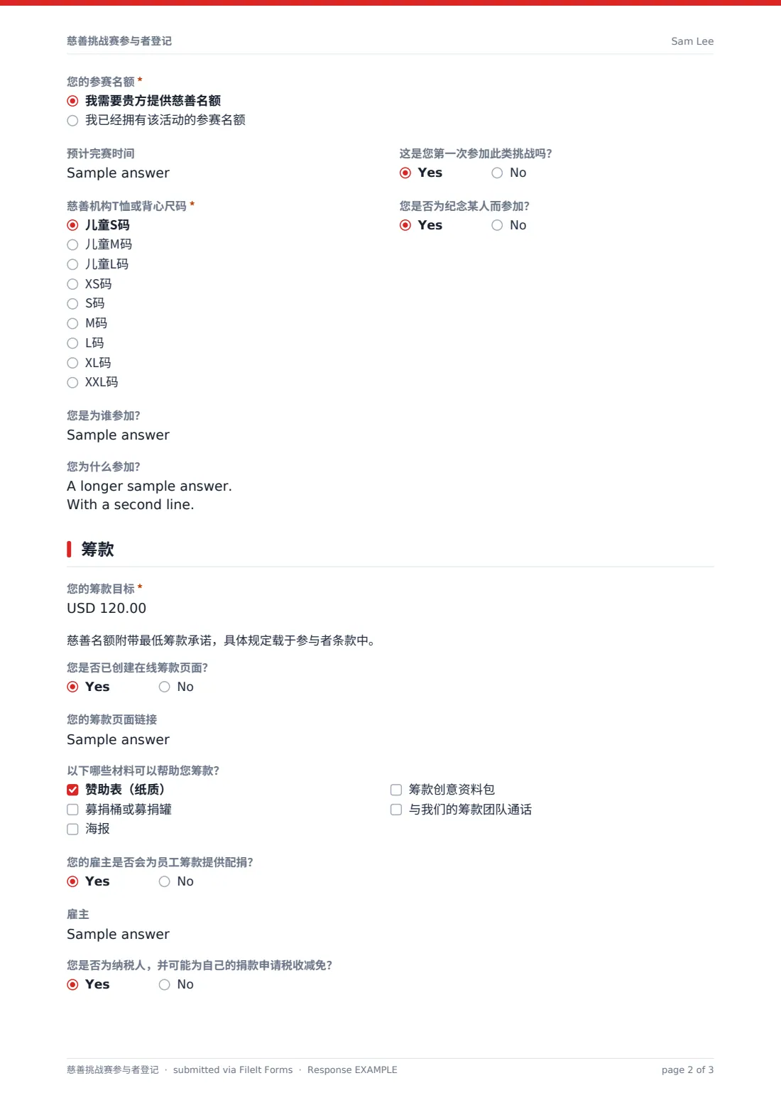 慈善挑战赛参与者登记 — 示例回复 PDF，第 2 页，共 3 页
