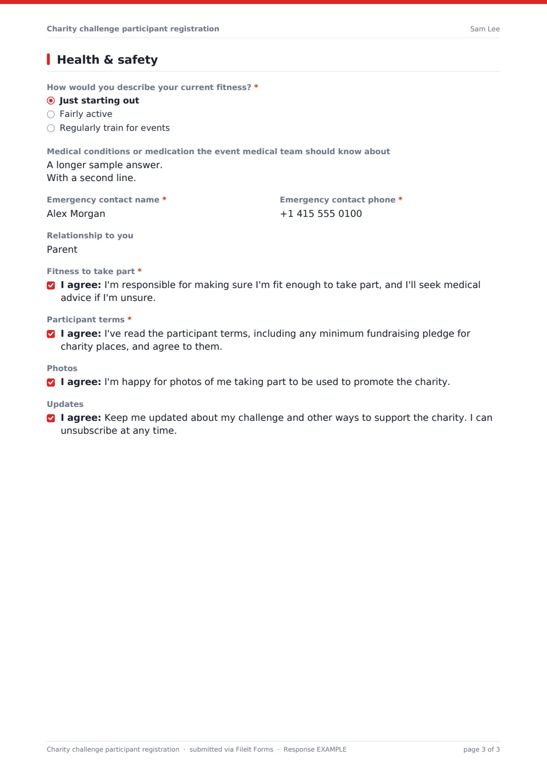 Charity challenge participant registration — example response PDF, page 3 of 3