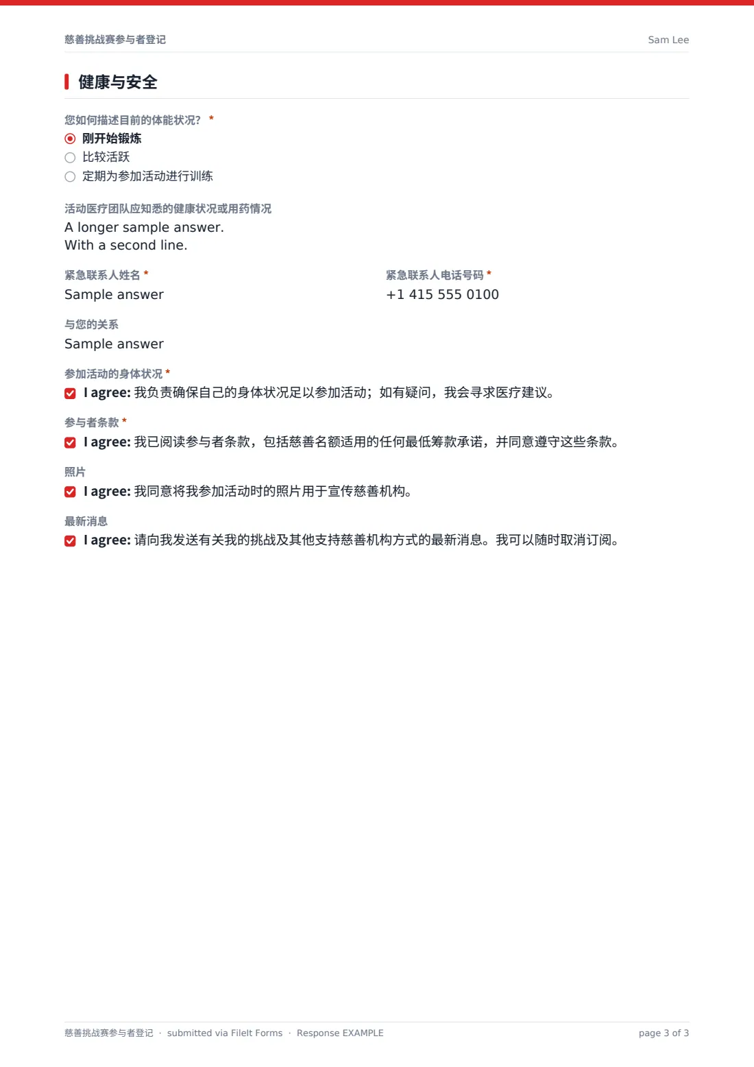 慈善挑战赛参与者登记 — 示例回复 PDF，第 3 页，共 3 页