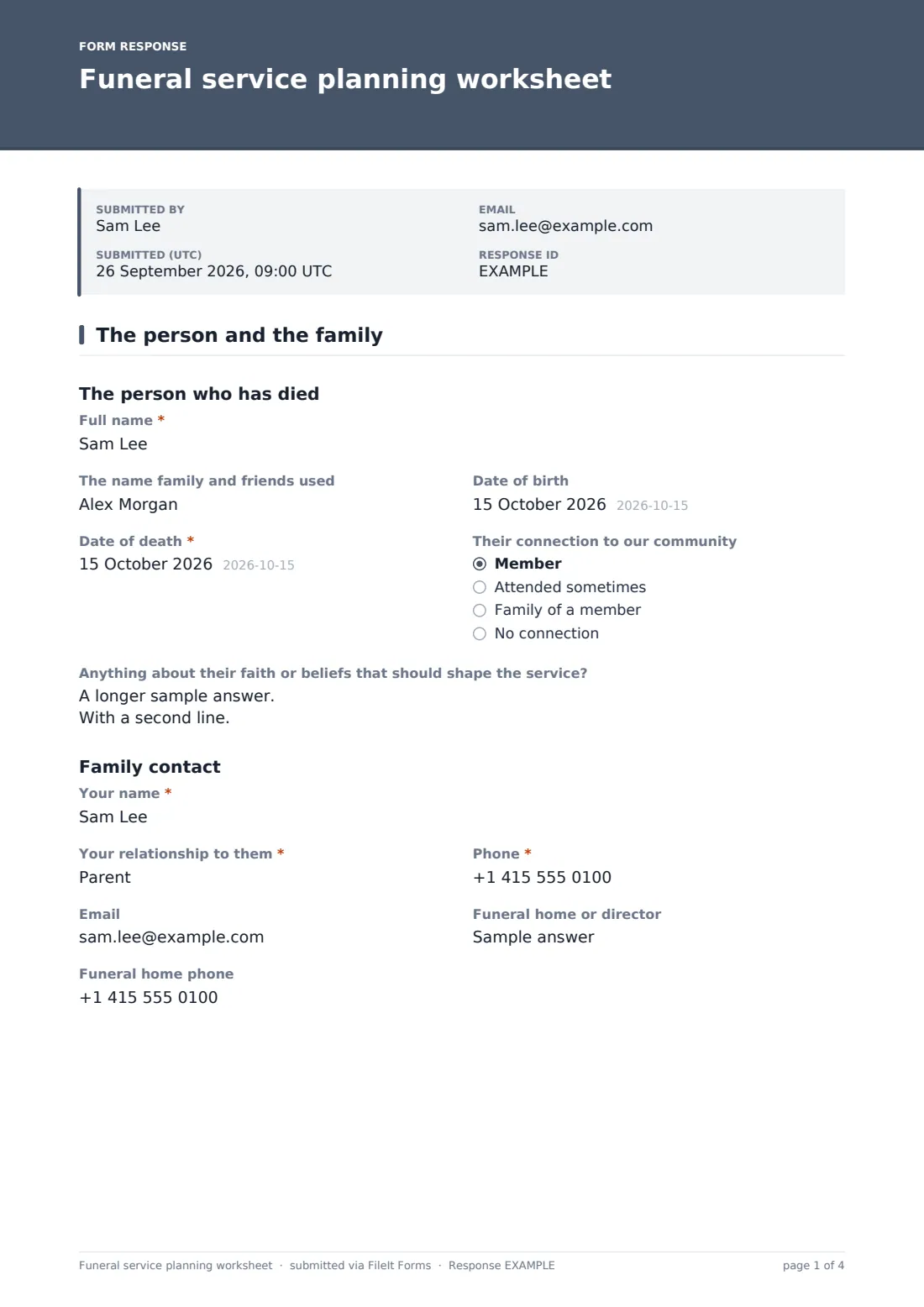 Funeral service planning worksheet — example response PDF, page 1 of 4