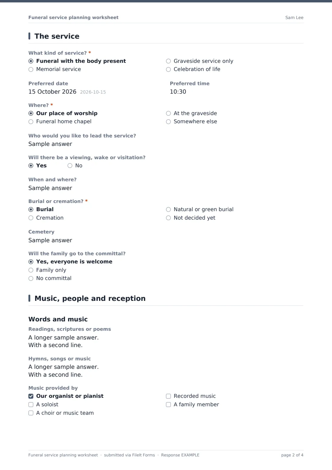 Funeral service planning worksheet — example response PDF, page 2 of 4