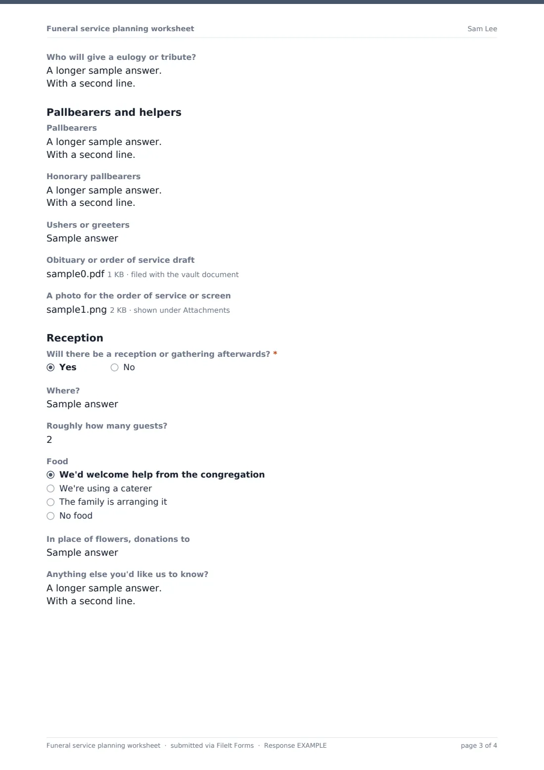 Funeral service planning worksheet — example response PDF, page 3 of 4