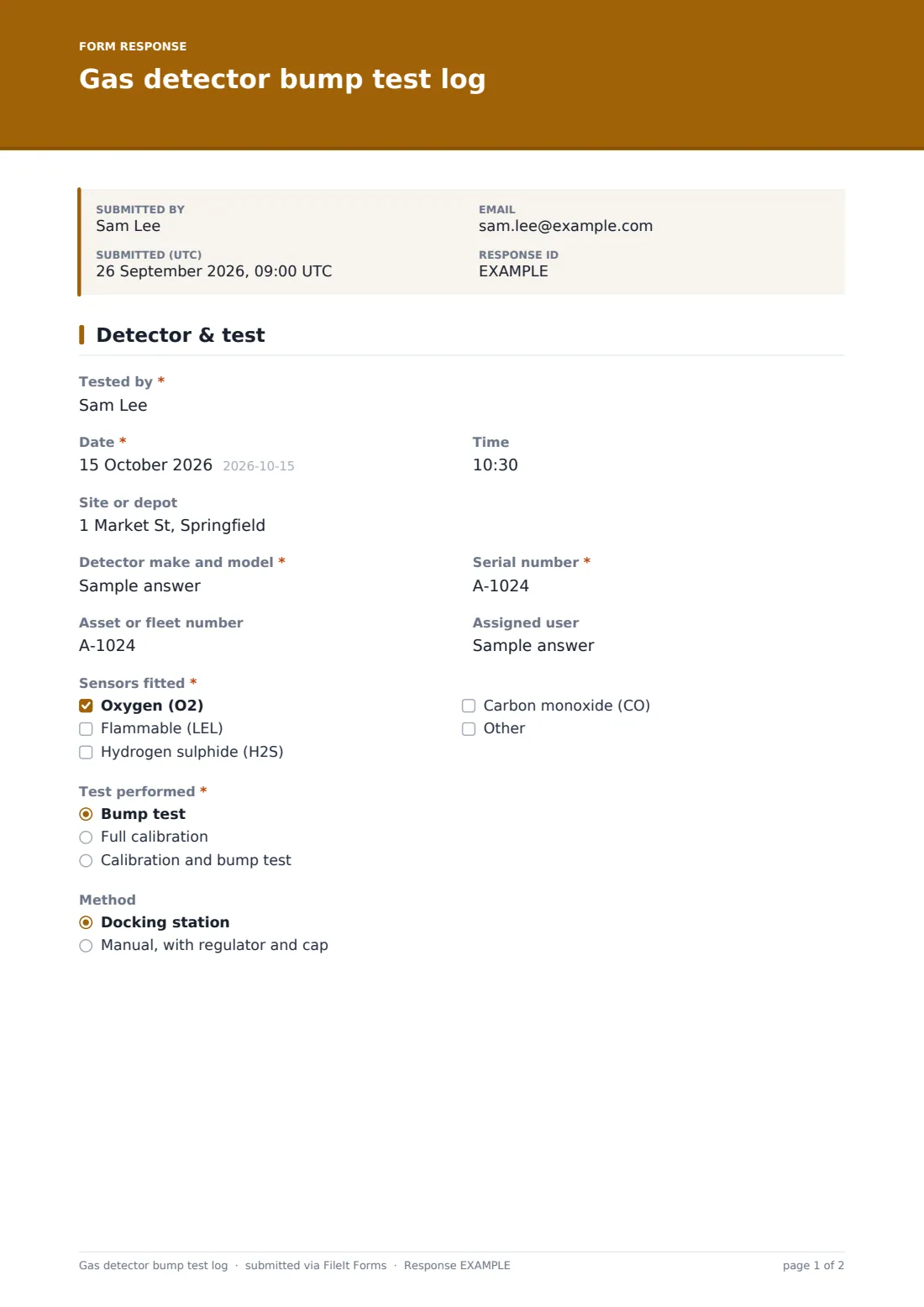 Gas detector bump test log — example response PDF, page 1 of 2
