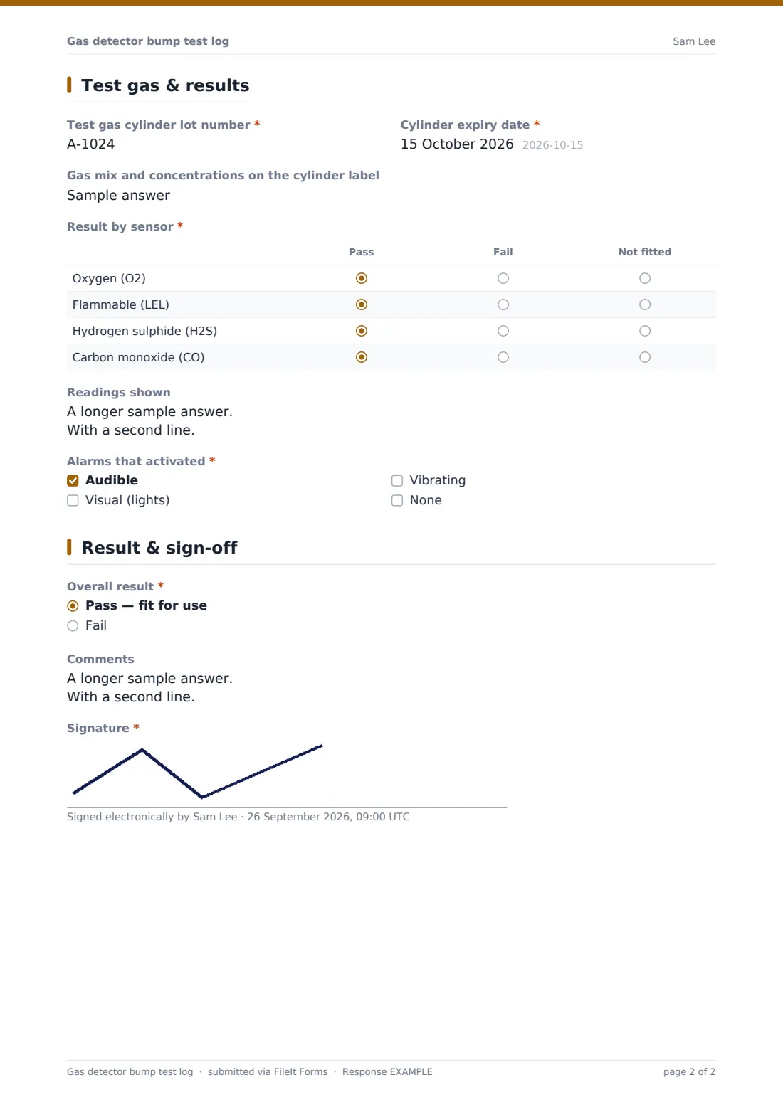 Gas detector bump test log — example response PDF, page 2 of 2