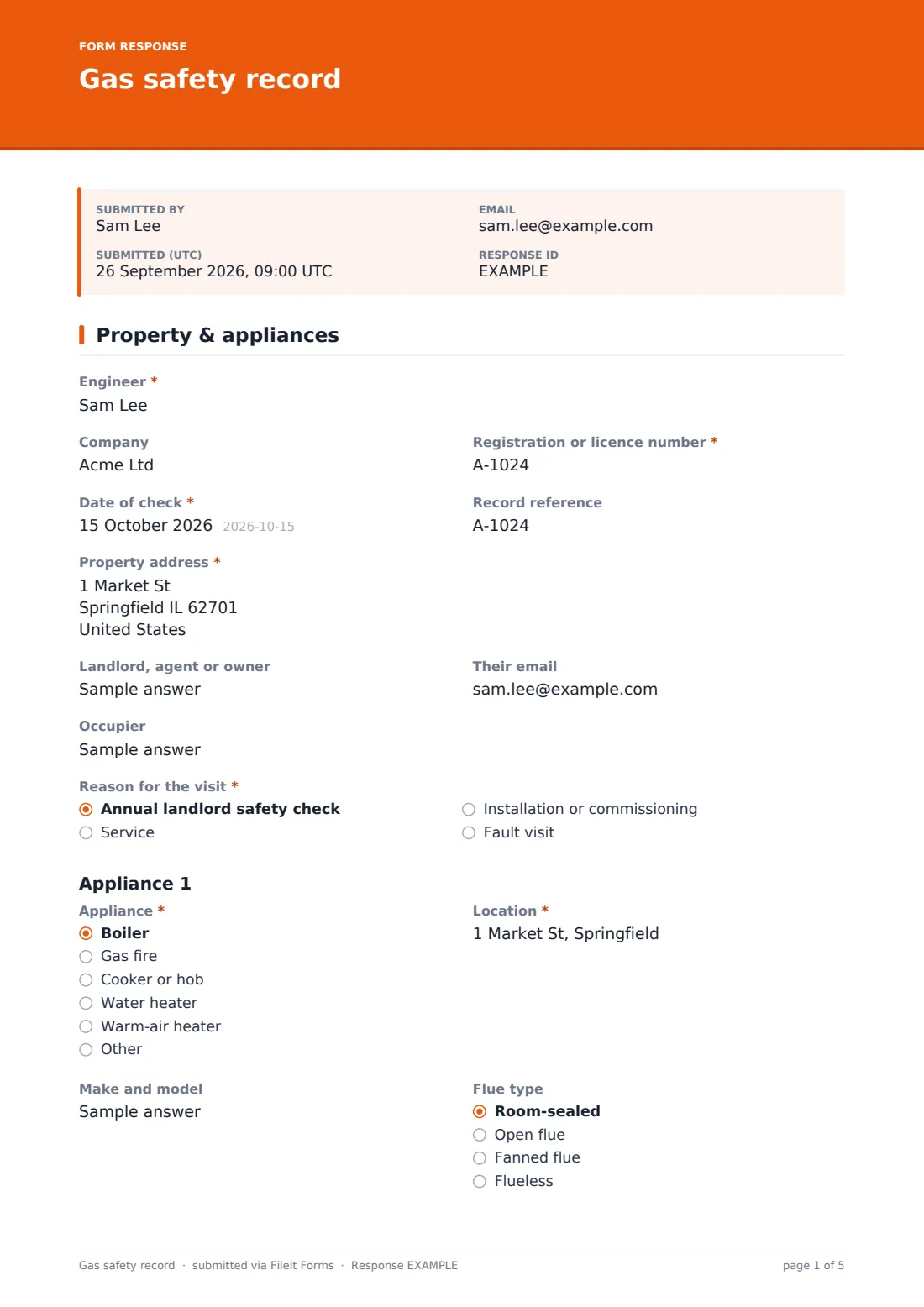 Gas safety record — example response PDF, page 1 of 5