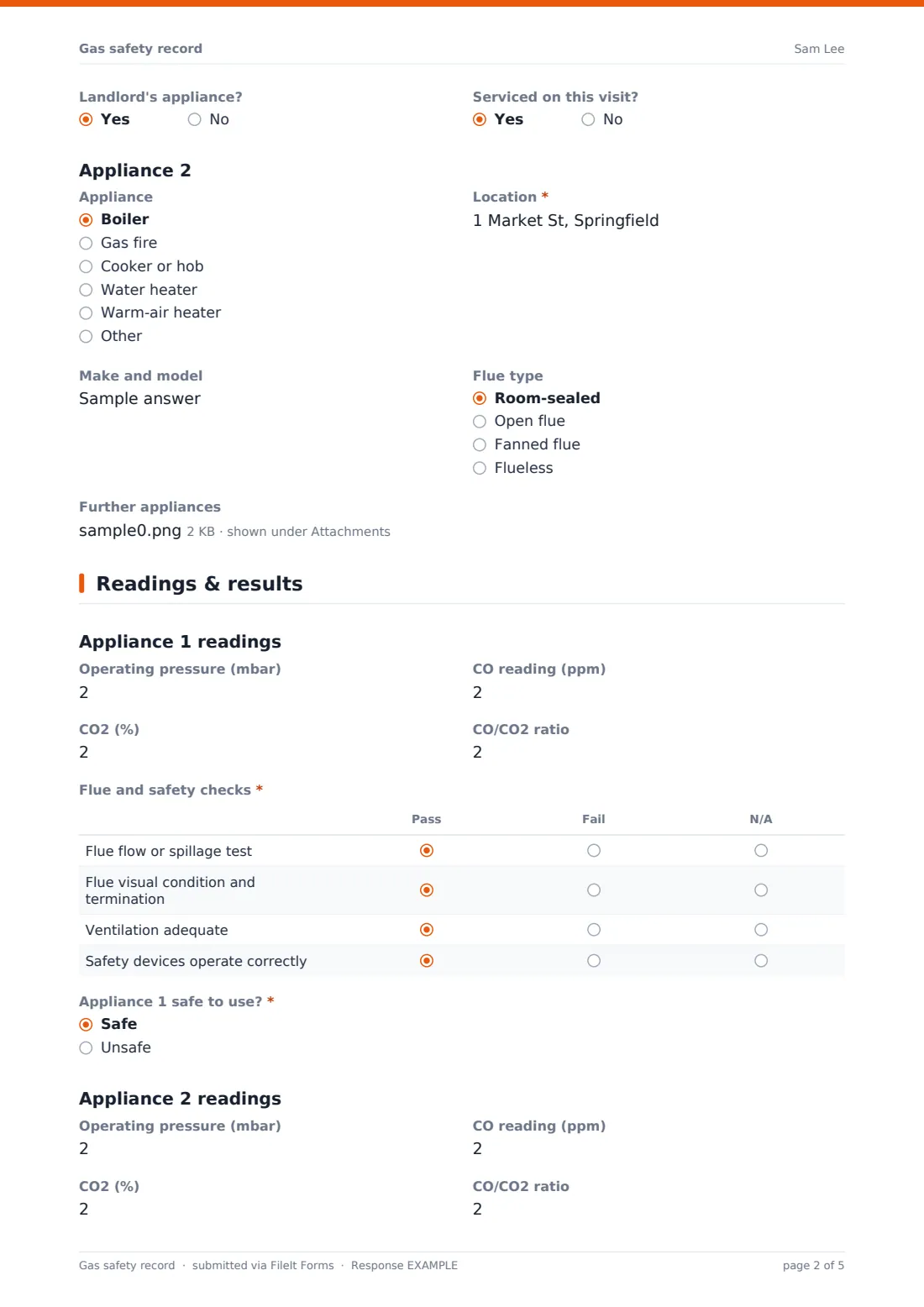 Gas safety record — example response PDF, page 2 of 5