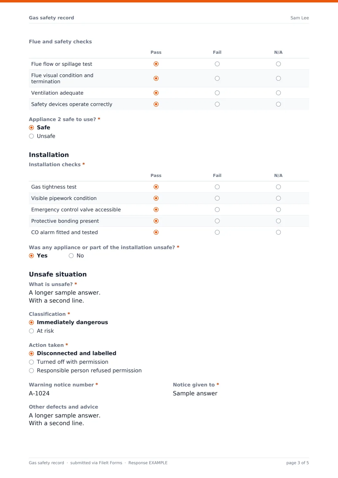 Gas safety record — example response PDF, page 3 of 5