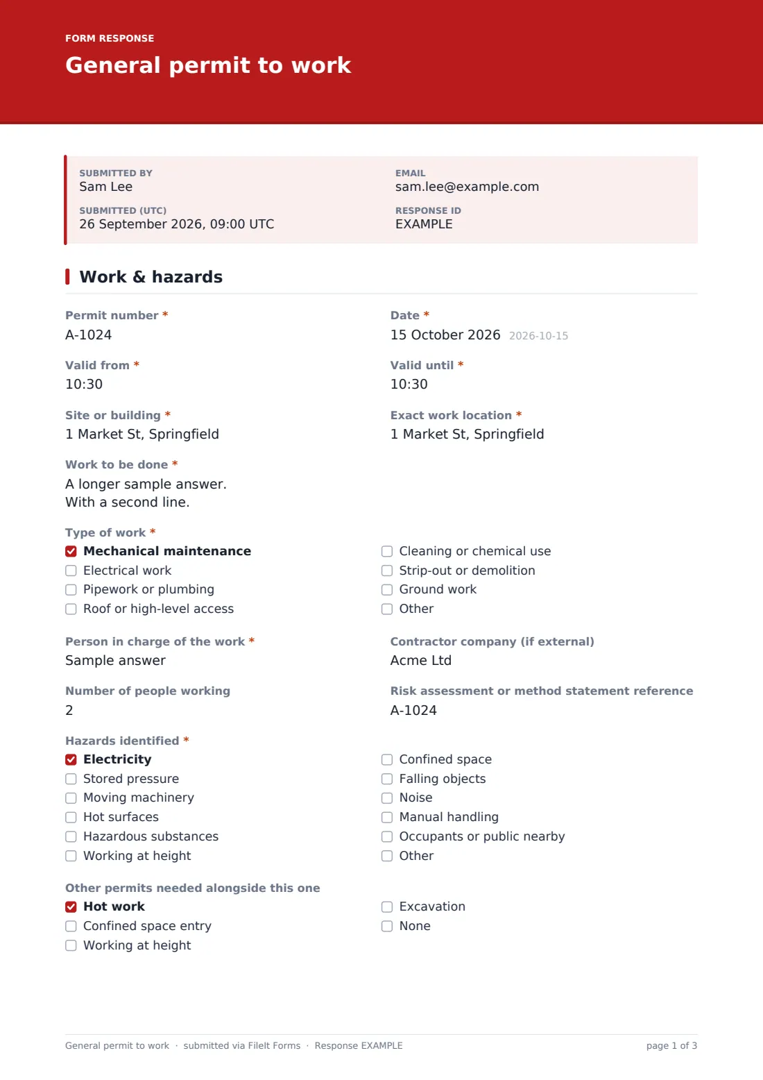 General permit to work — example response PDF, page 1 of 3