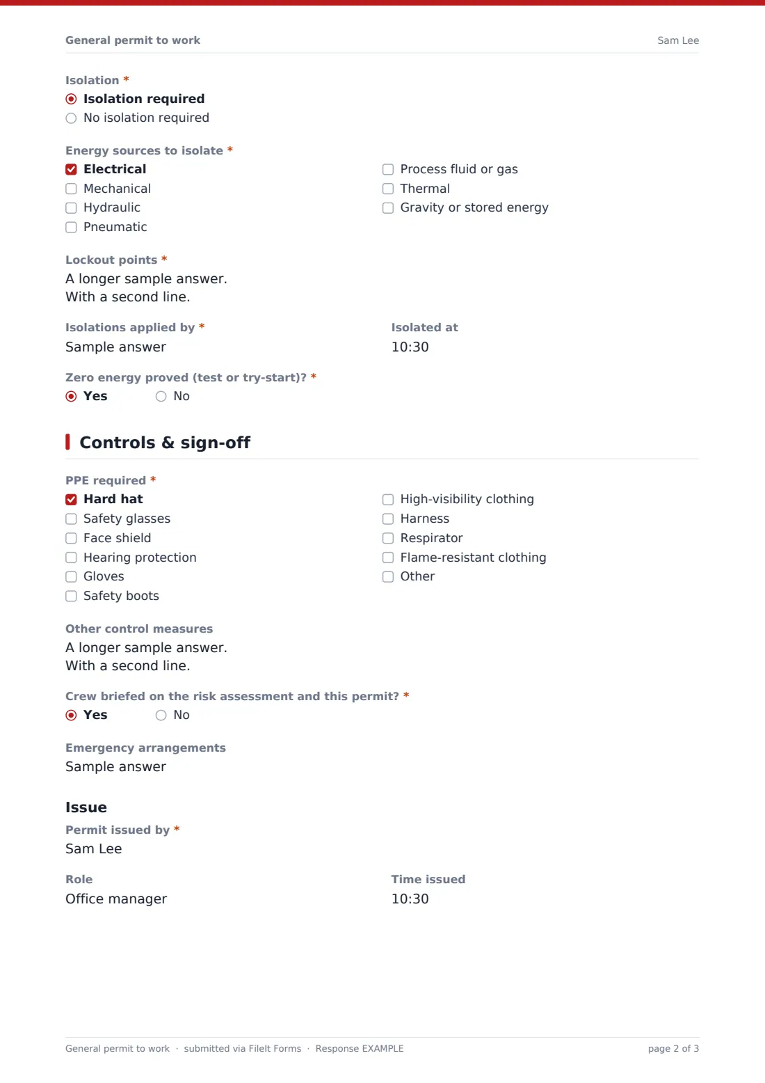 General permit to work — example response PDF, page 2 of 3