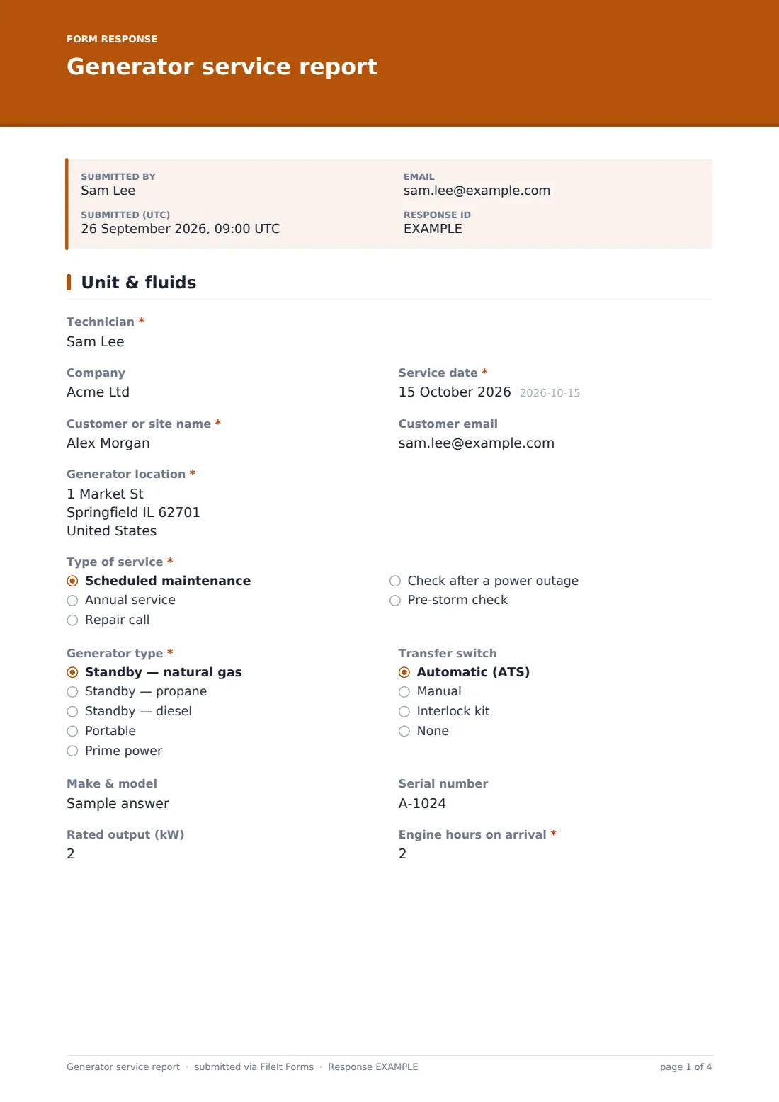 Generator service report — example response PDF, page 1 of 4