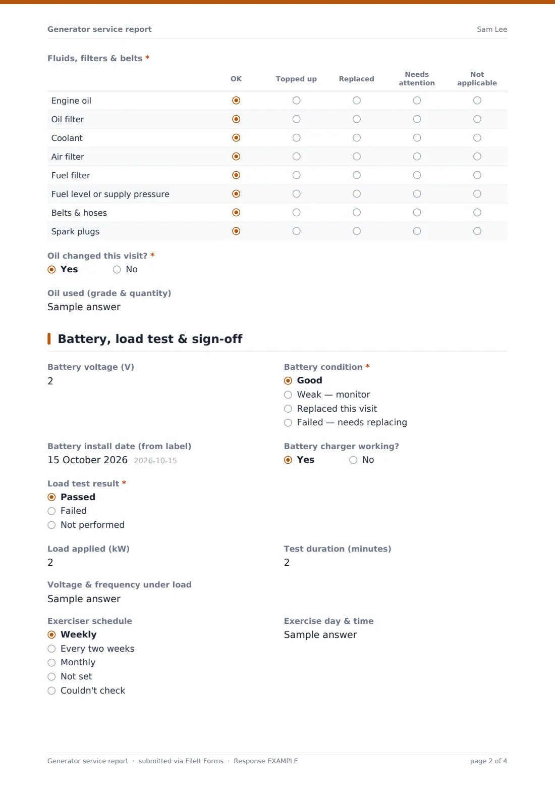 Generator service report — example response PDF, page 2 of 4