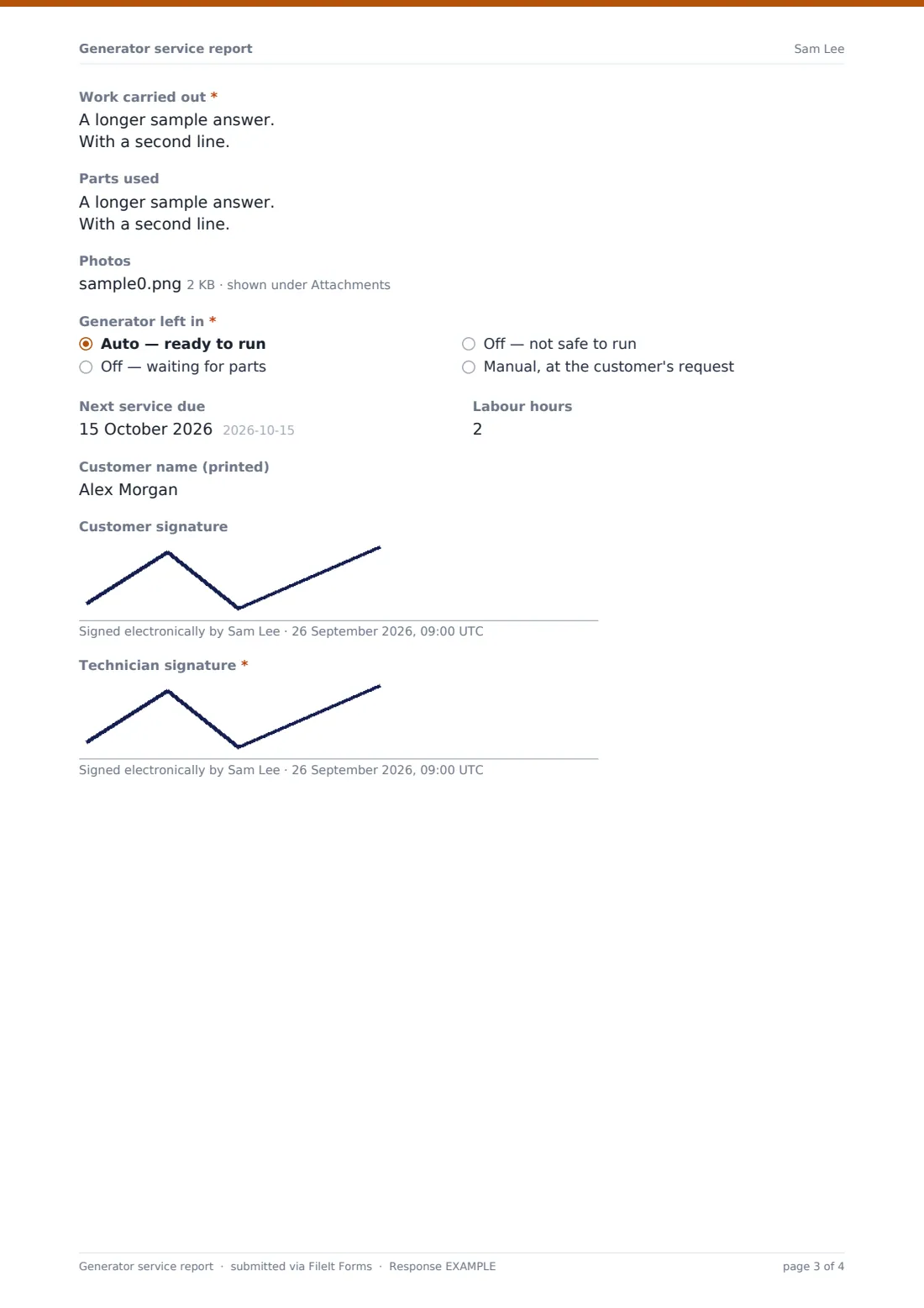 Generator service report — example response PDF, page 3 of 4