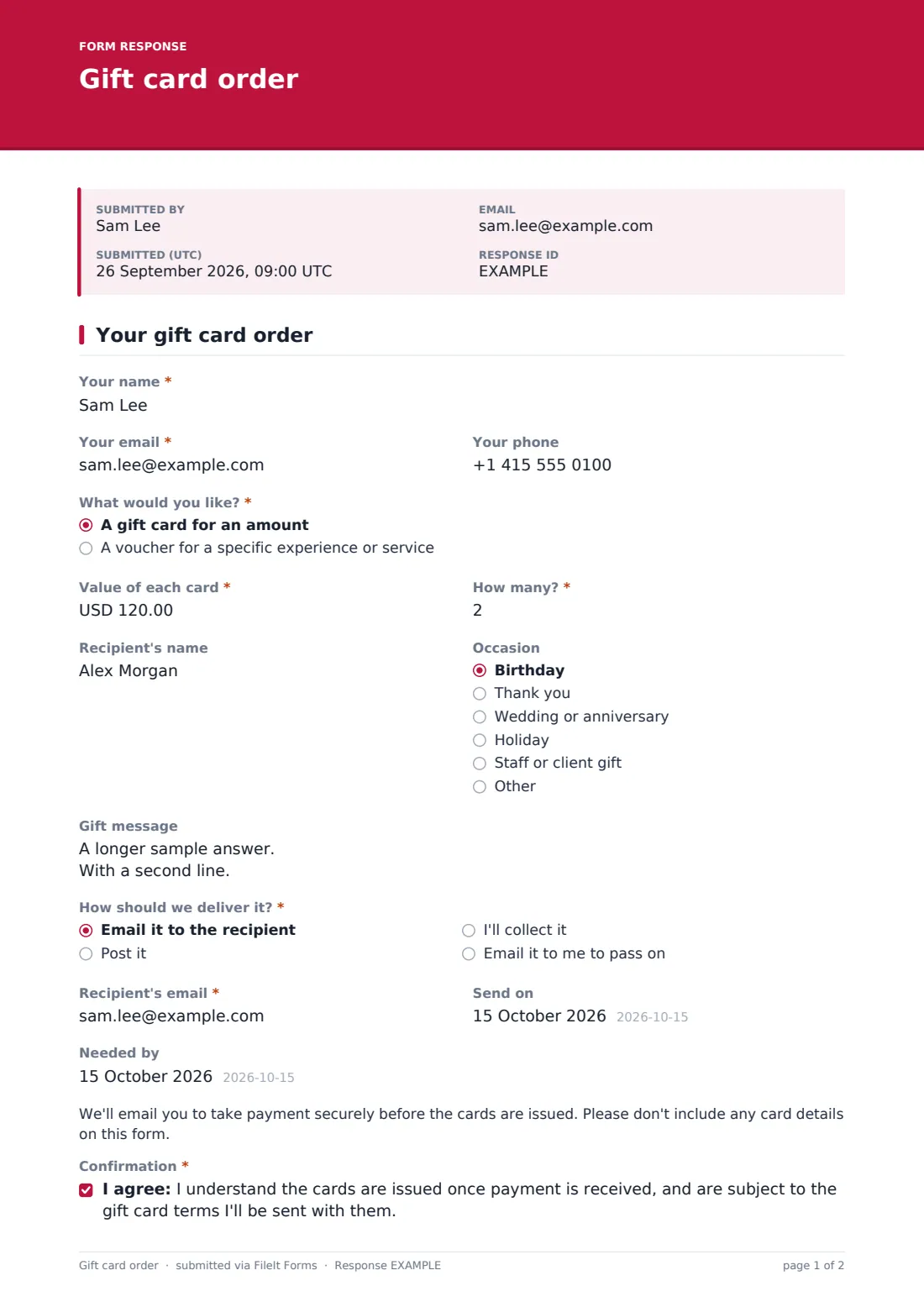 Gift card order — example response PDF, page 1 of 2