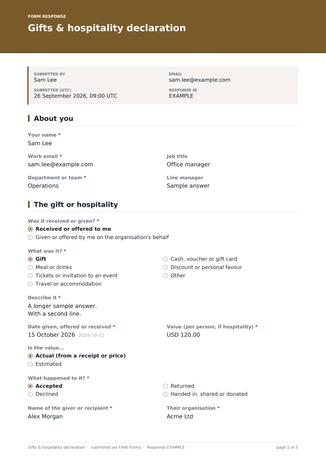 Gifts & hospitality declaration — example response PDF, page 1 of 3
