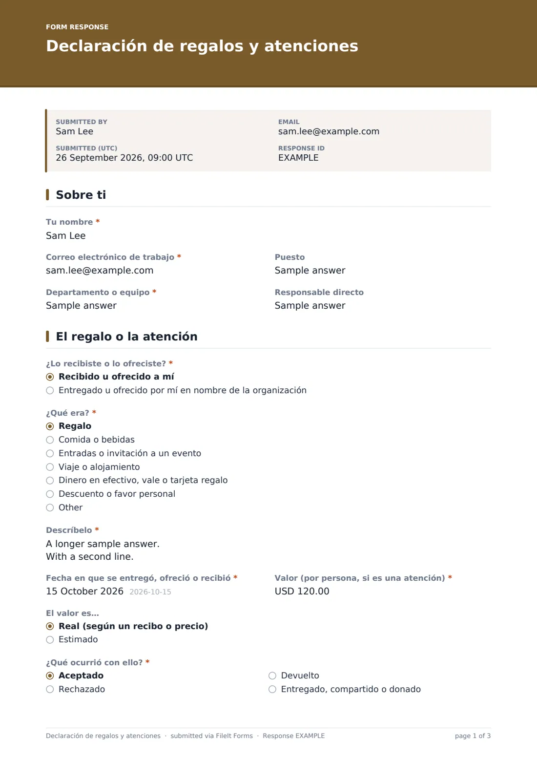 Declaración de regalos y atenciones — PDF de respuesta de ejemplo, página 1 de 3