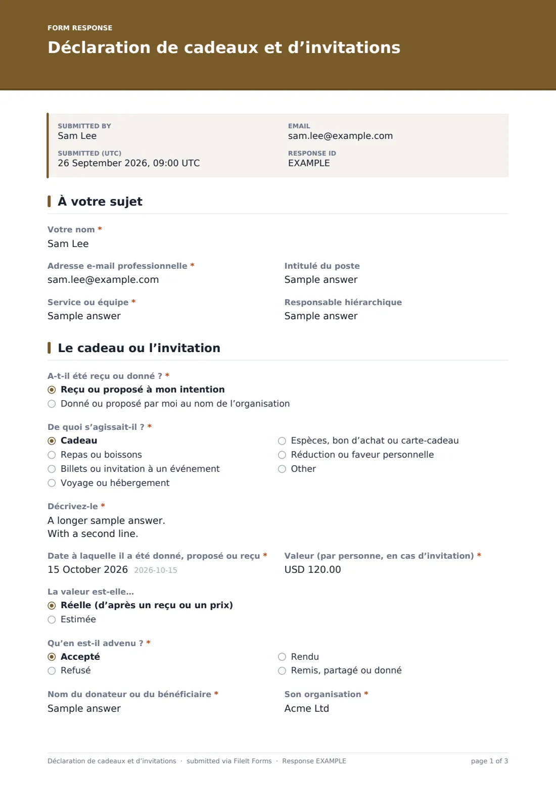 Déclaration de cadeaux et d’invitations — exemple de réponse au format PDF, page 1 sur 3
