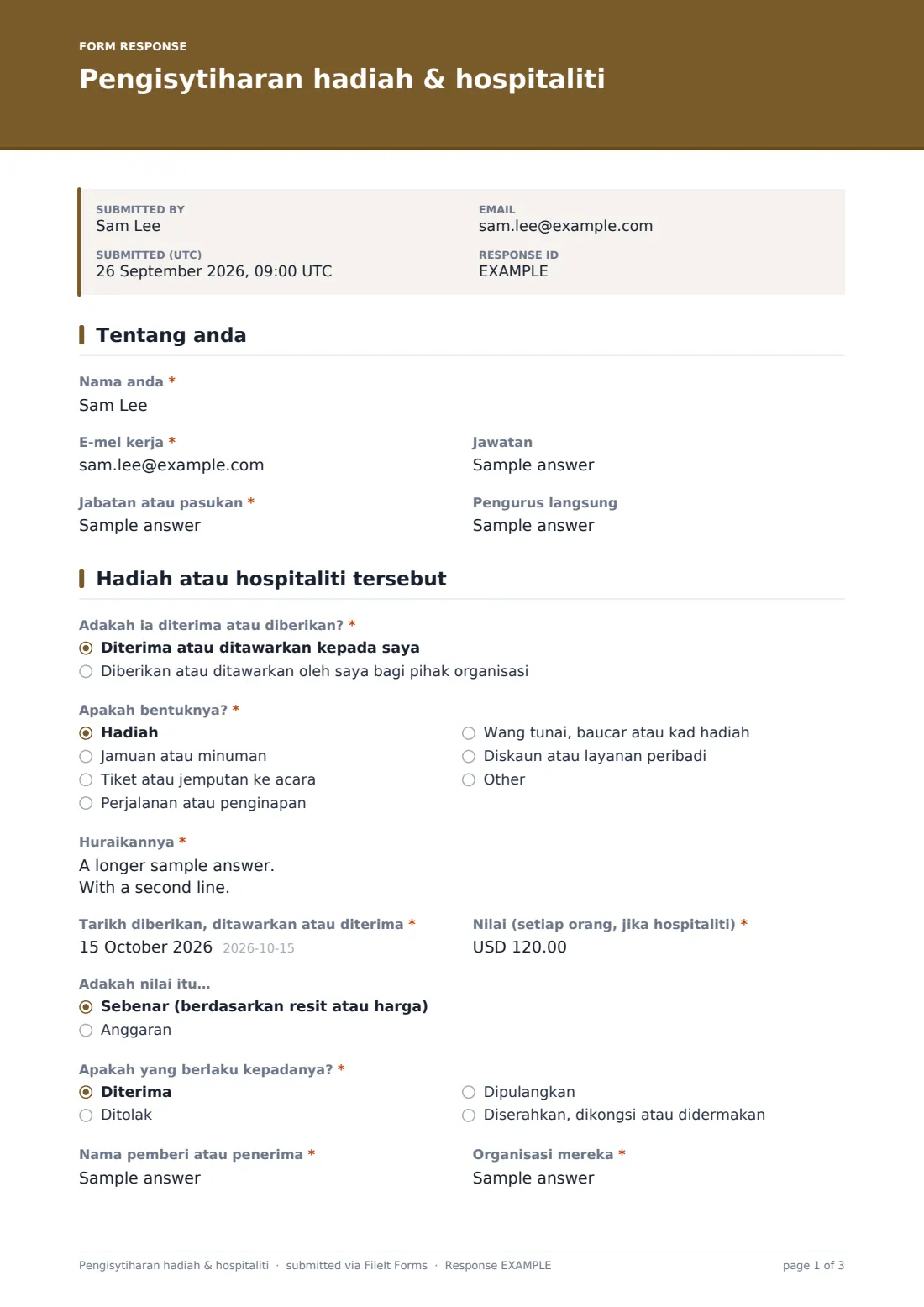 Pengisytiharan hadiah & hospitaliti — PDF respons contoh, halaman 1 daripada 3