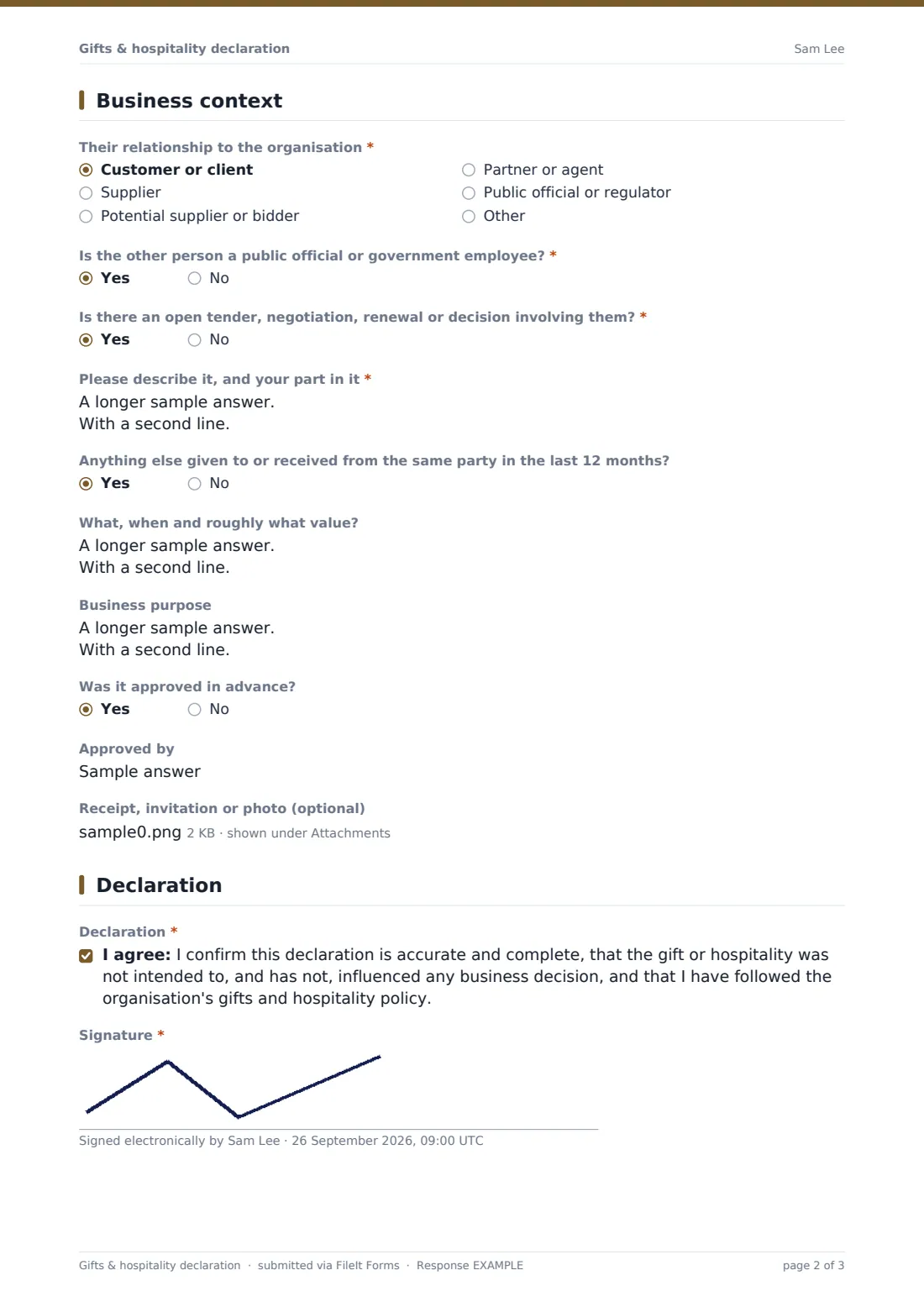 Gifts & hospitality declaration — example response PDF, page 2 of 3