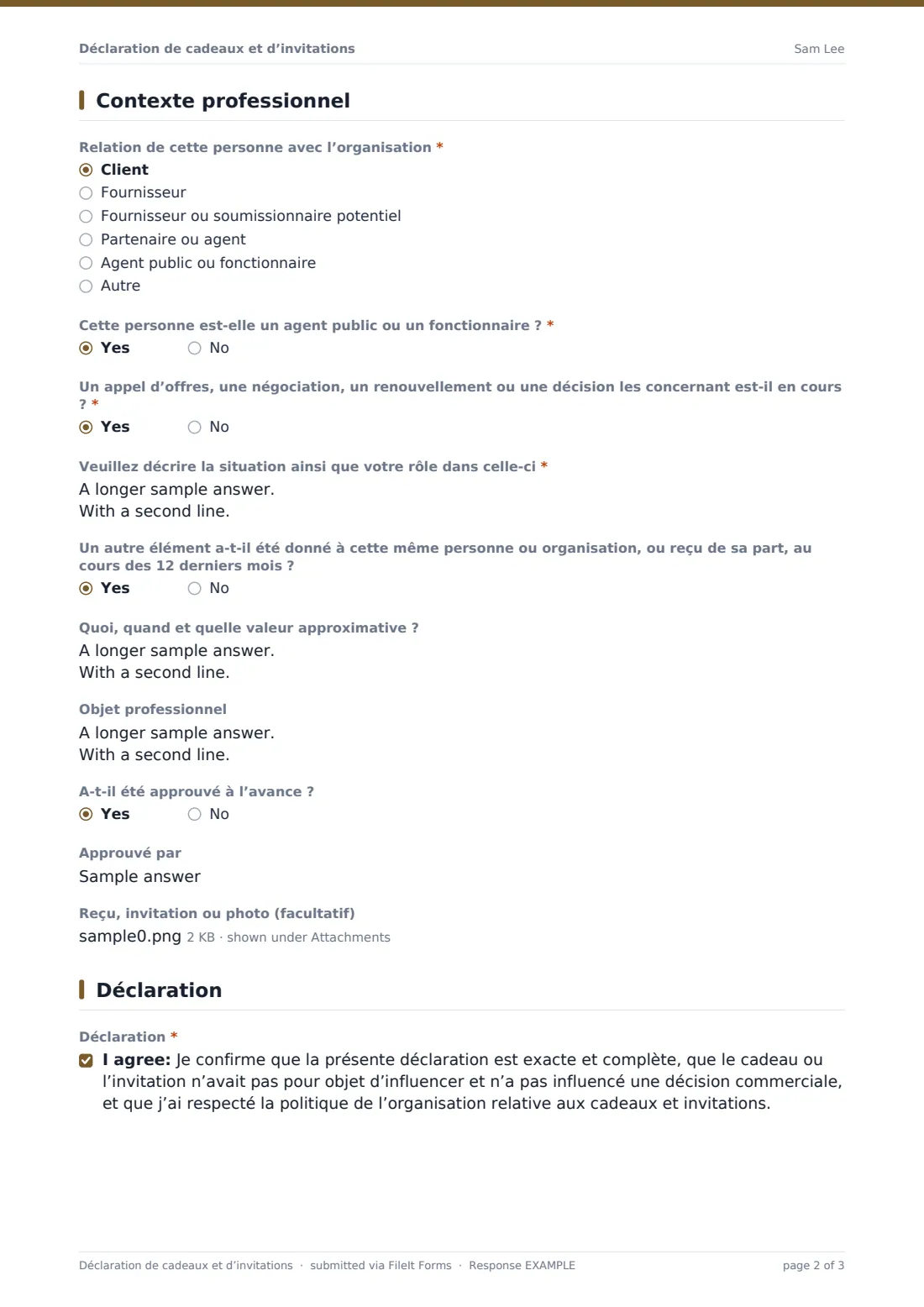 Déclaration de cadeaux et d’invitations — exemple de réponse au format PDF, page 2 sur 3