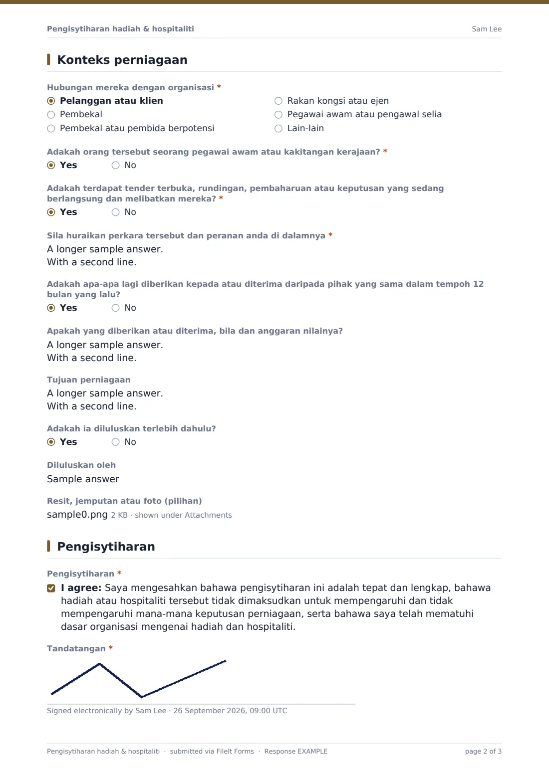 Pengisytiharan hadiah & hospitaliti — PDF respons contoh, halaman 2 daripada 3