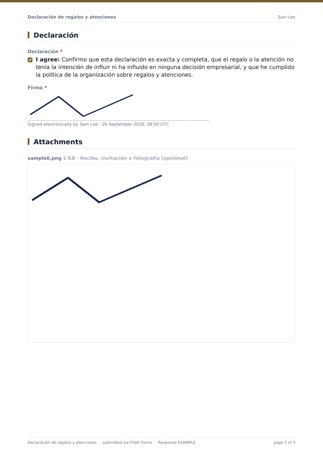 Declaración de regalos y atenciones — PDF de respuesta de ejemplo, página 3 de 3