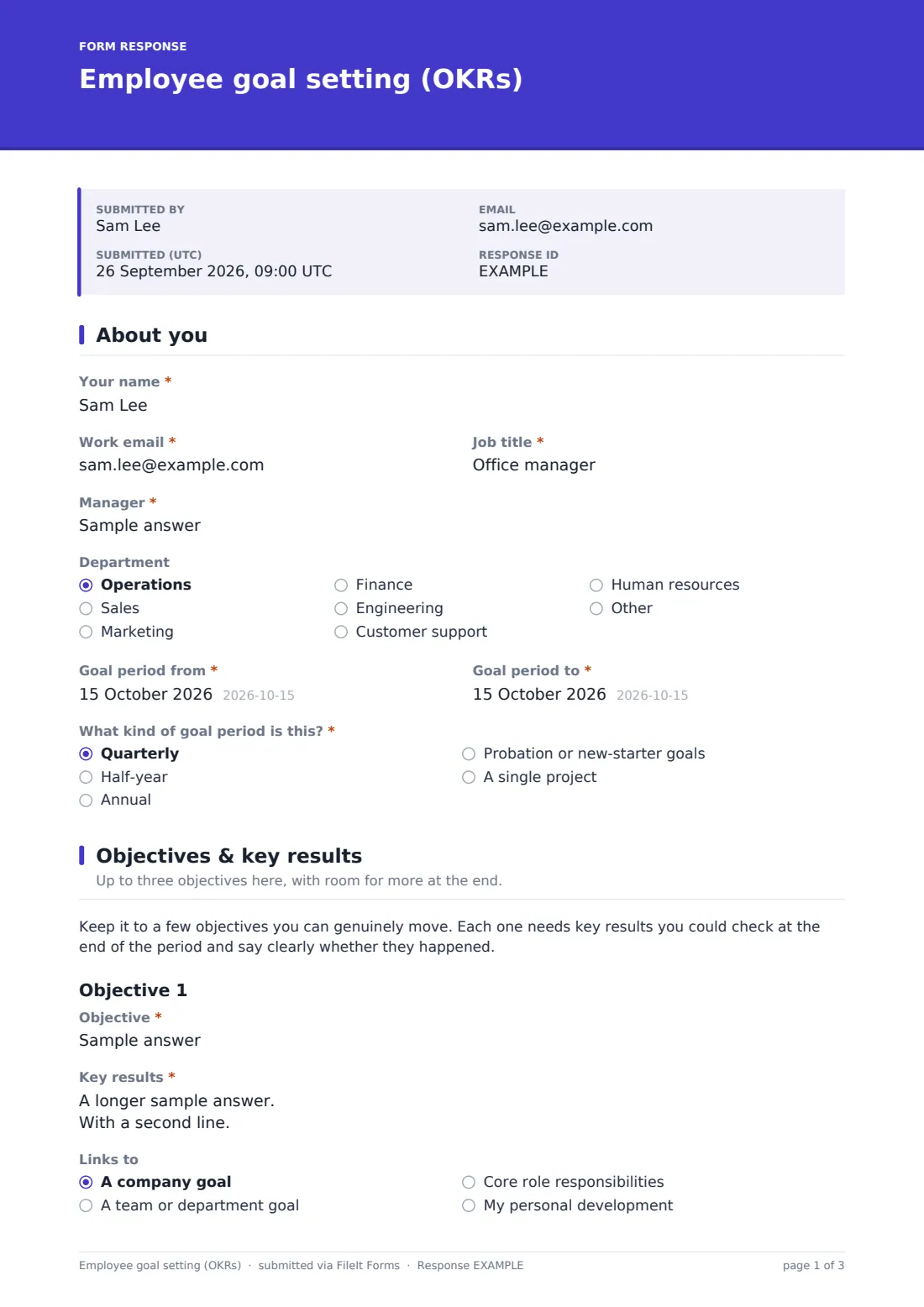 Employee goal setting (OKRs) — example response PDF, page 1 of 3