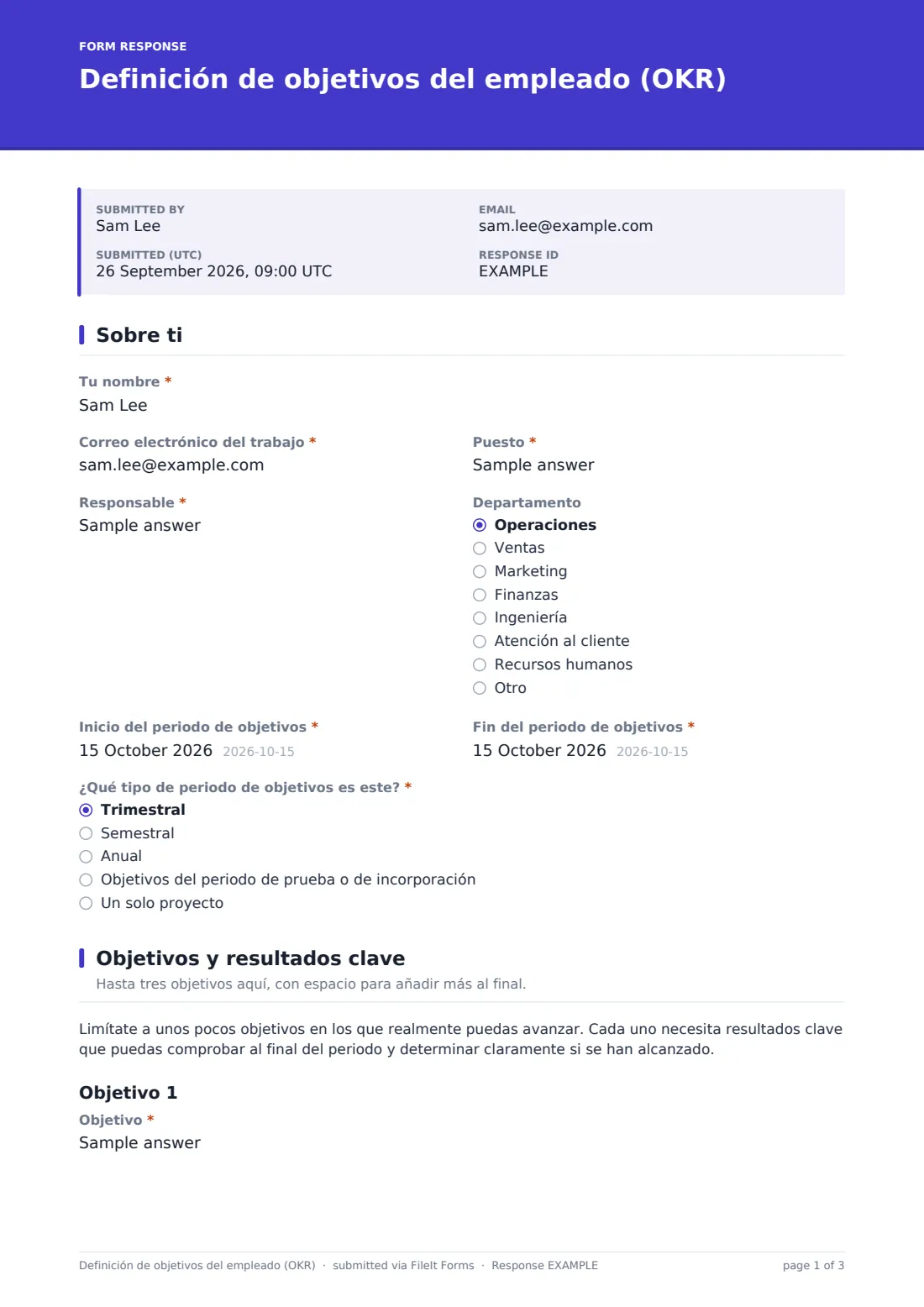 Definición de objetivos del empleado (OKR) — PDF de respuesta de ejemplo, página 1 de 3