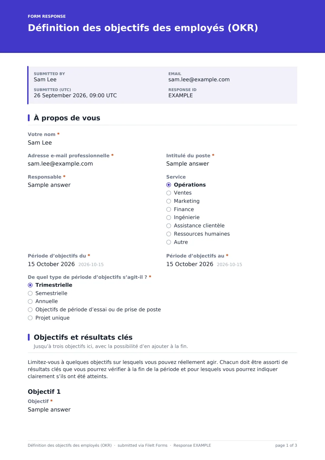 Définition des objectifs des employés (OKR) — exemple de réponse au format PDF, page 1 sur 3