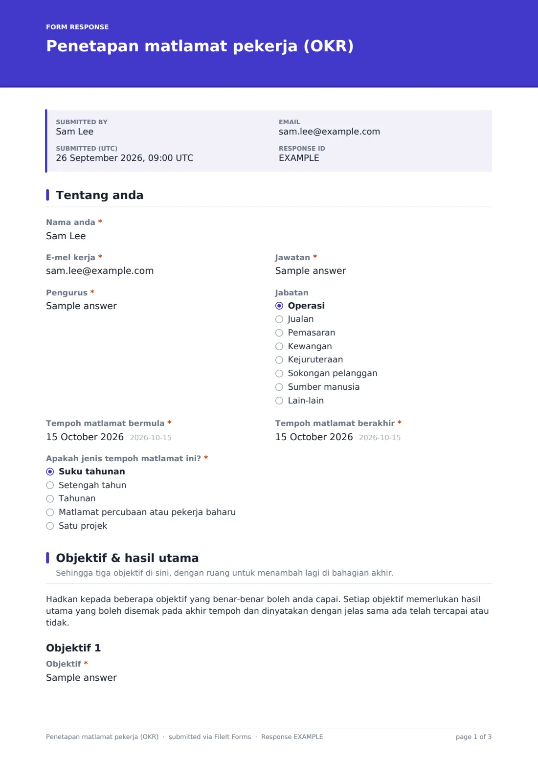 Penetapan matlamat pekerja (OKR) — PDF respons contoh, halaman 1 daripada 3