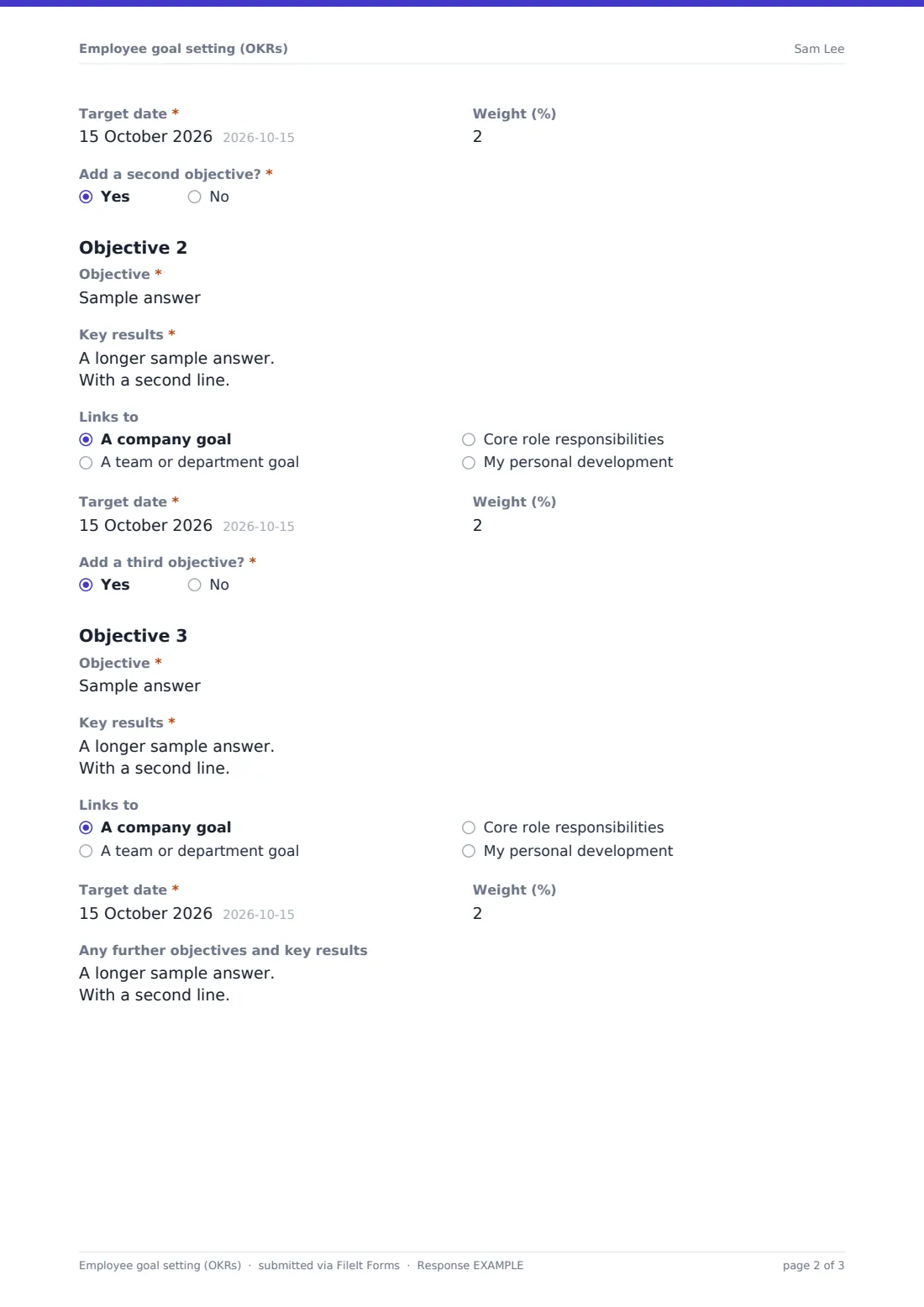 Employee goal setting (OKRs) — example response PDF, page 2 of 3